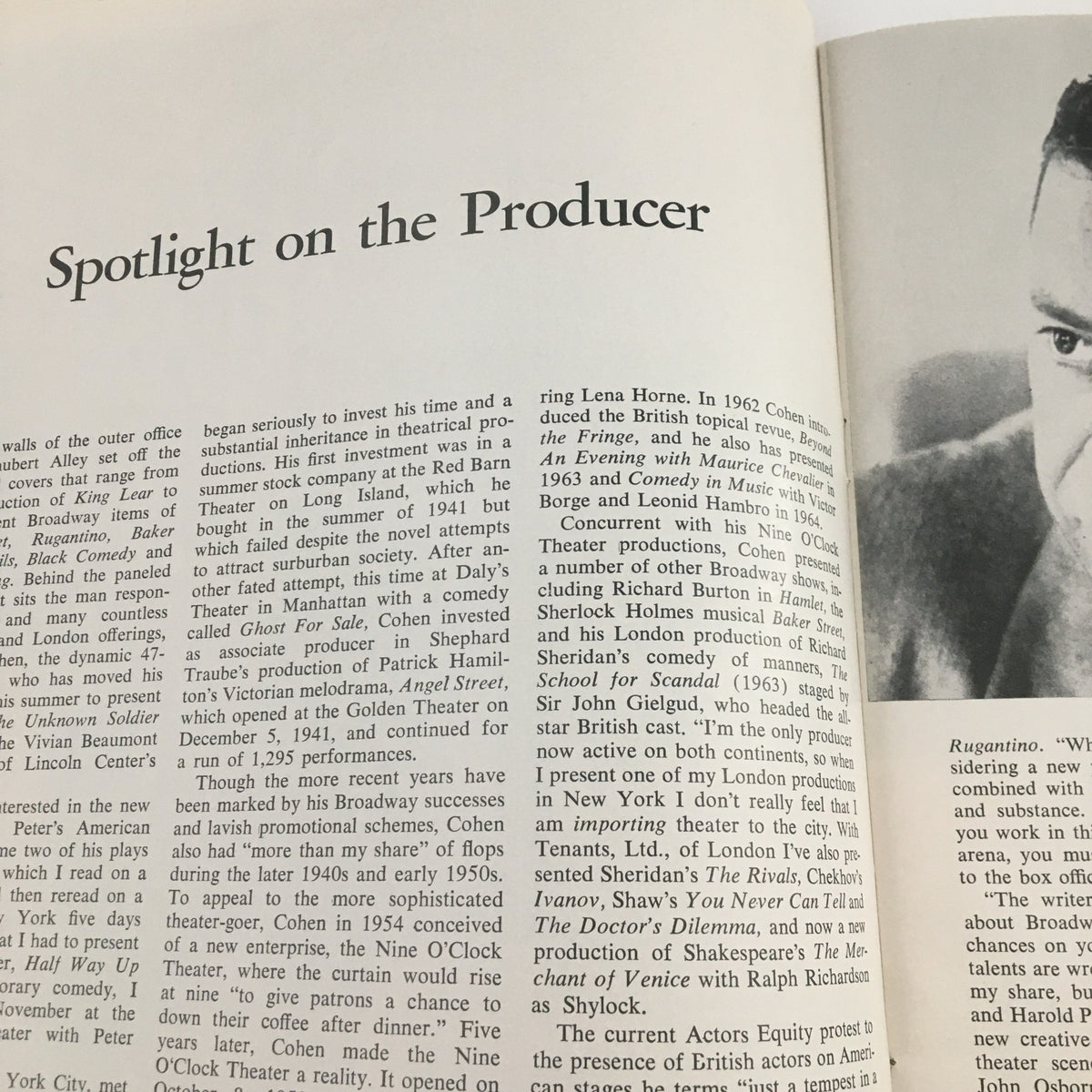 Interior page of the 1967 Vivian Beaumont Theater brochure titled 'Spotlight on the Producer,' highlighting the history and contributions of Alexander H. Cohen in theater.