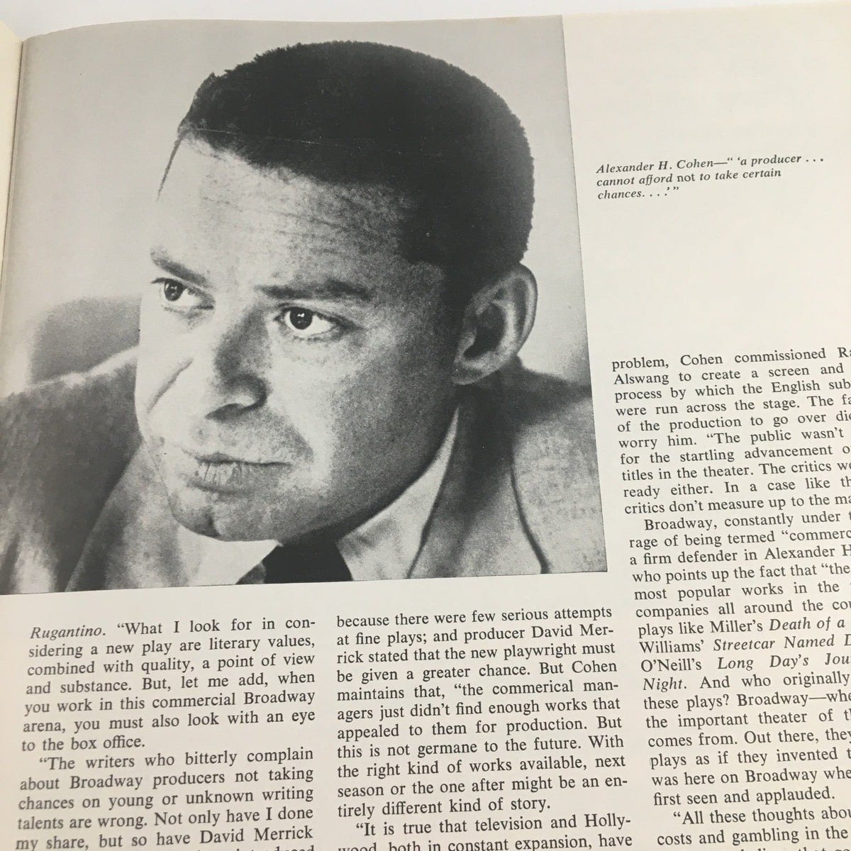 Portrait of Alexander H. Cohen, featured in the 1967 Vivian Beaumont Theater brochure, known as a prominent theater producer with the caption emphasizing his approach to theater production.