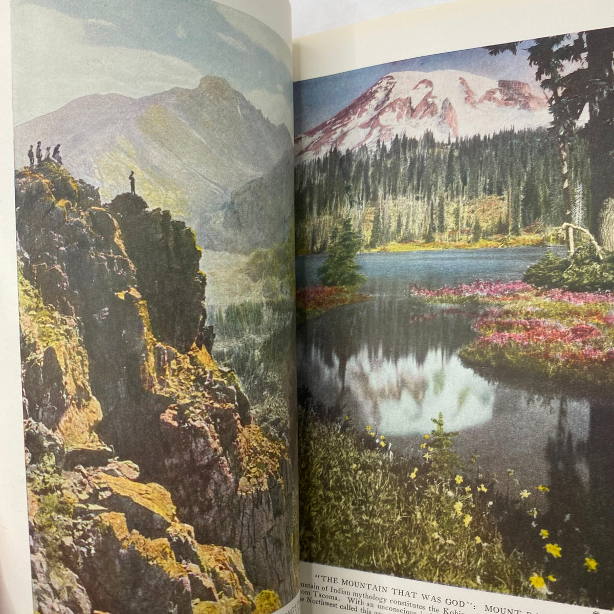 Inside view of the June 1920 National Geographic Magazine featuring the Mind's-Eye Map of America, showcasing vibrant colored illustrations of a mountain landscape.