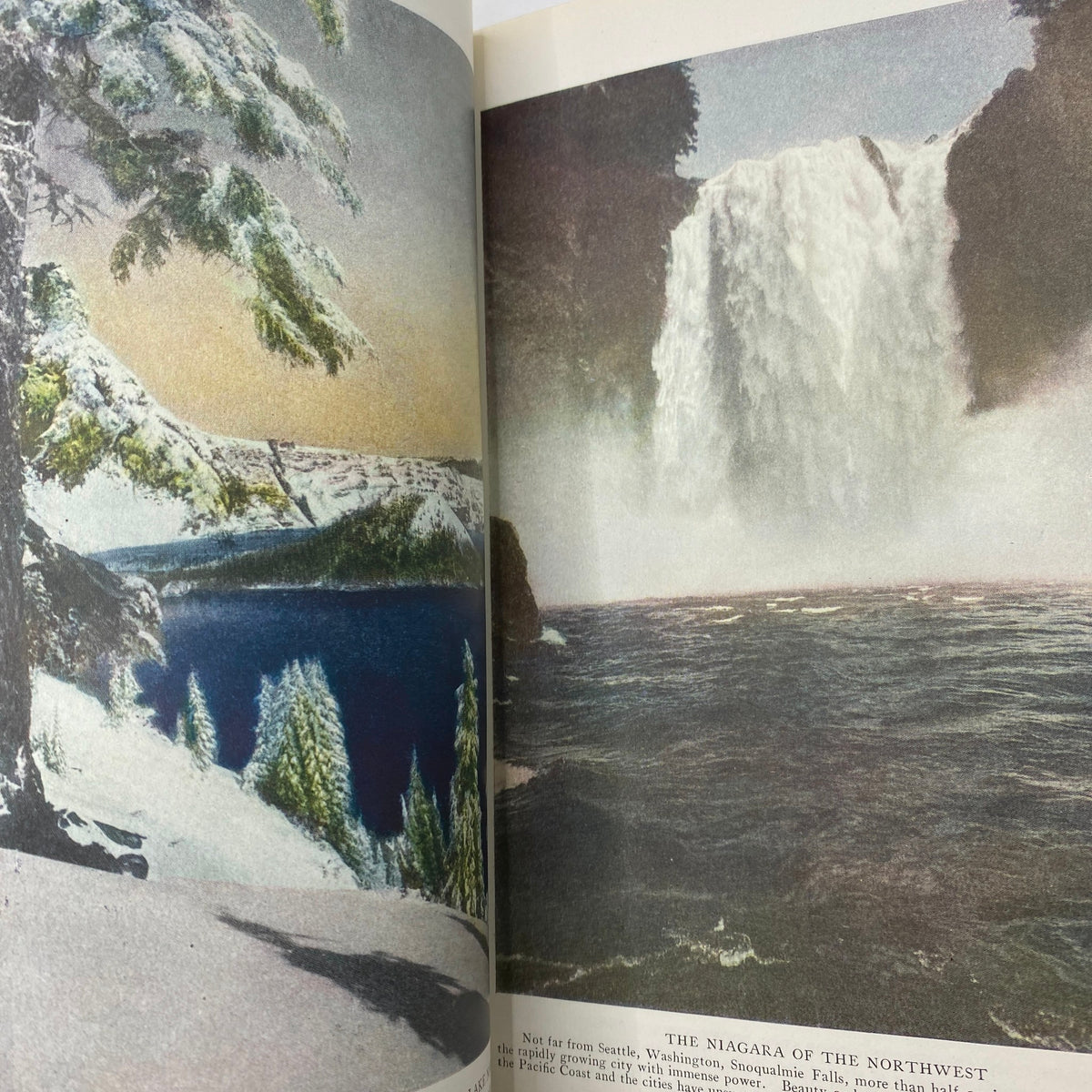 Inside view of the June 1920 National Geographic Magazine featuring the Mind's-Eye Map of America, depicting an artistic representation of the spectacular Niagara of the Northwest waterfall.
