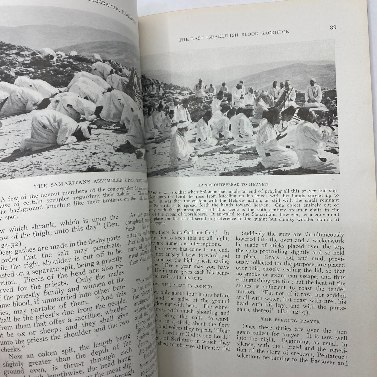 Interior page of VTG National Geographic Magazine January 1920 illustrating the article 'The Last Israelitish Blood Sacrifice' with a photograph of Samaritans at prayer.