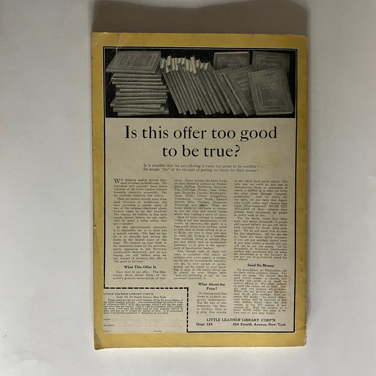 Back cover of National Geographic Magazine April 1922 featuring an advertisement with text asking if an offer is too good to be true.