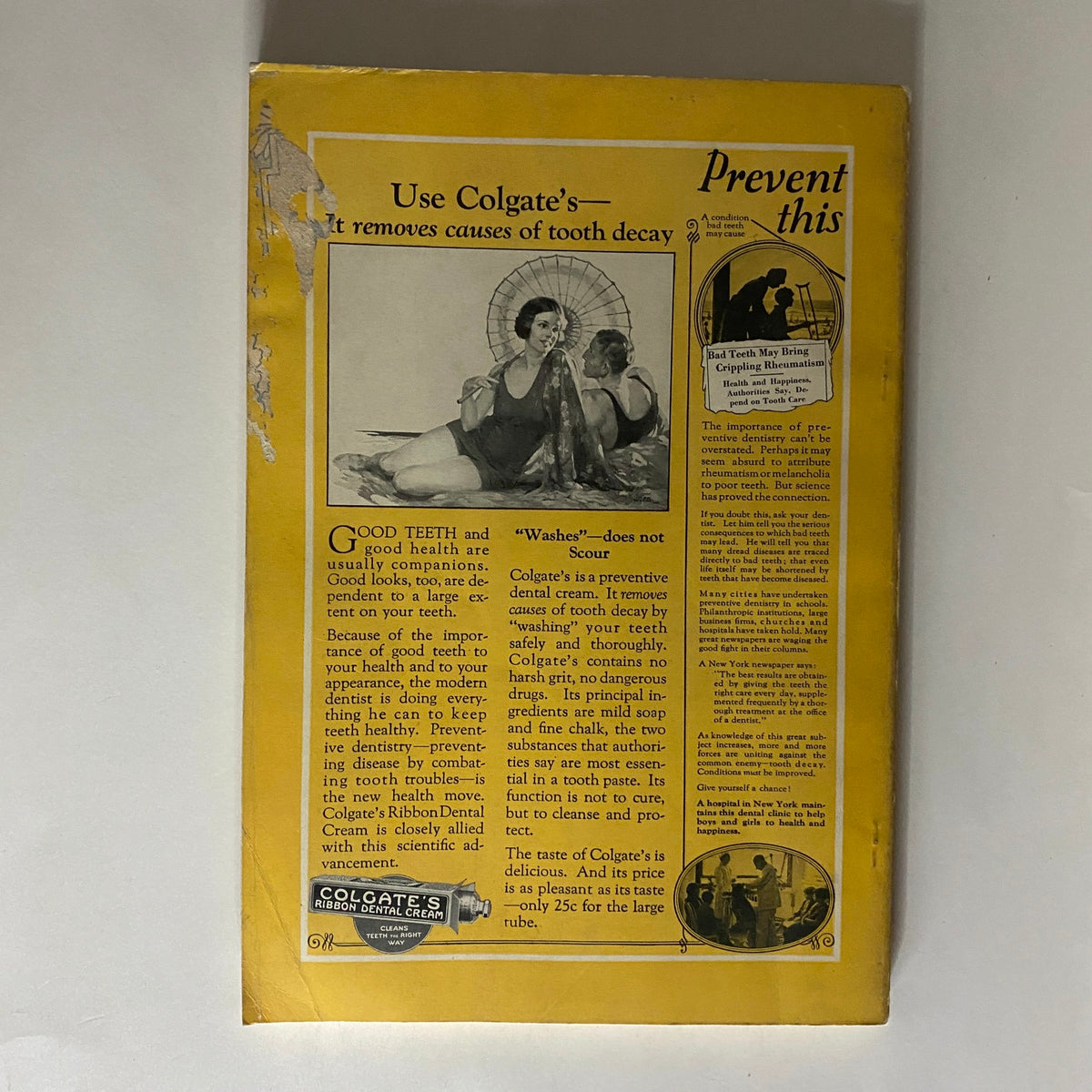 Back cover of National Geographic Magazine August 1925 with an advertisement for Colgate's toothpaste.