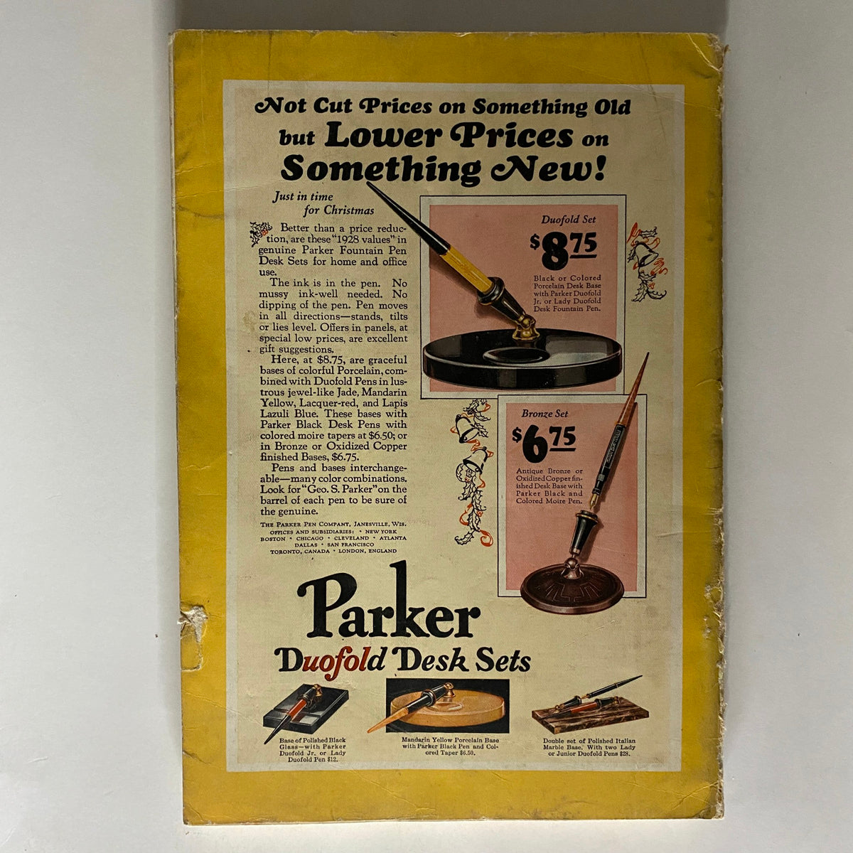 National Geographic Magazine December 1927 advertisement for Parker Duofold Desk Sets, illustrating vintage desk products from the 1920s with pricing details.