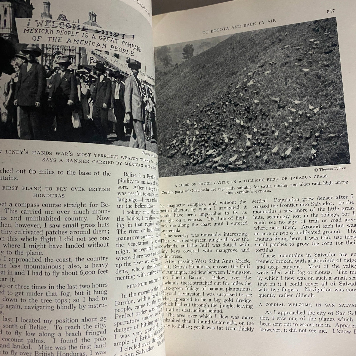 Inside page of National Geographic Magazine May 1928 detailing an article about Belize with historical photographs and text.