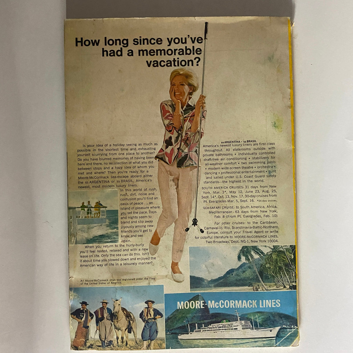Back cover of National Geographic Magazine January 1967 featuring an advertisement for Moore-McCormack Lines. The design includes vibrant colors and a scenic vacation theme with a woman holding a fishing pole, complemented by images of tranquil waters and vacation destinations.