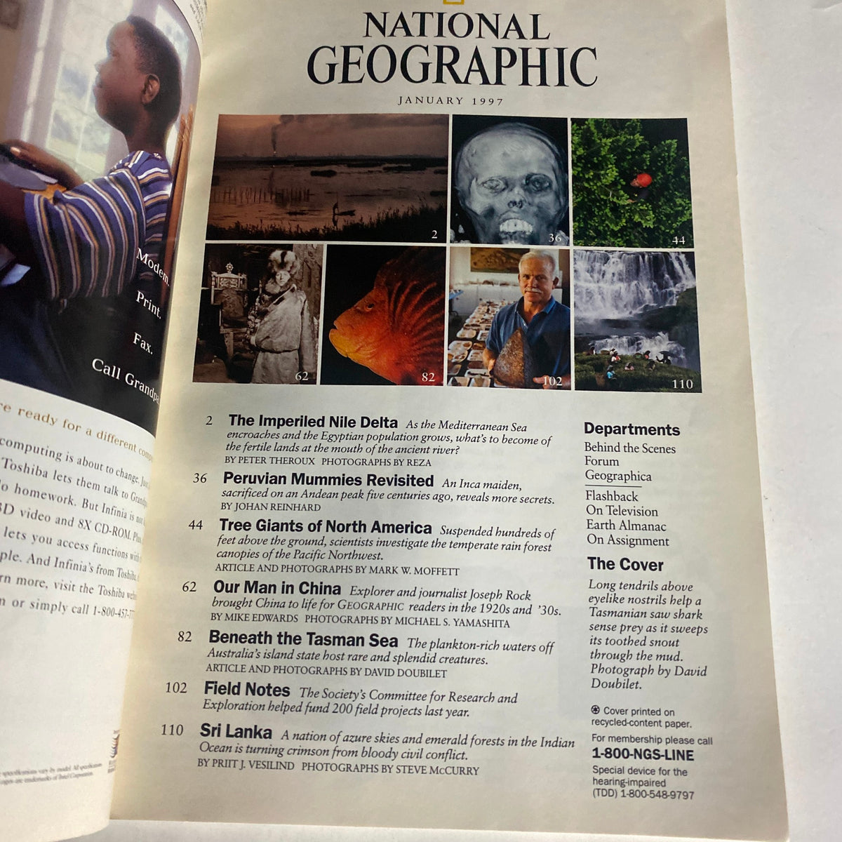 Inside page of National Geographic Magazine January 1997 showcasing the table of contents with articles including 'The Imperiled Nile Delta' and 'Beneath the Tasman Sea'.
