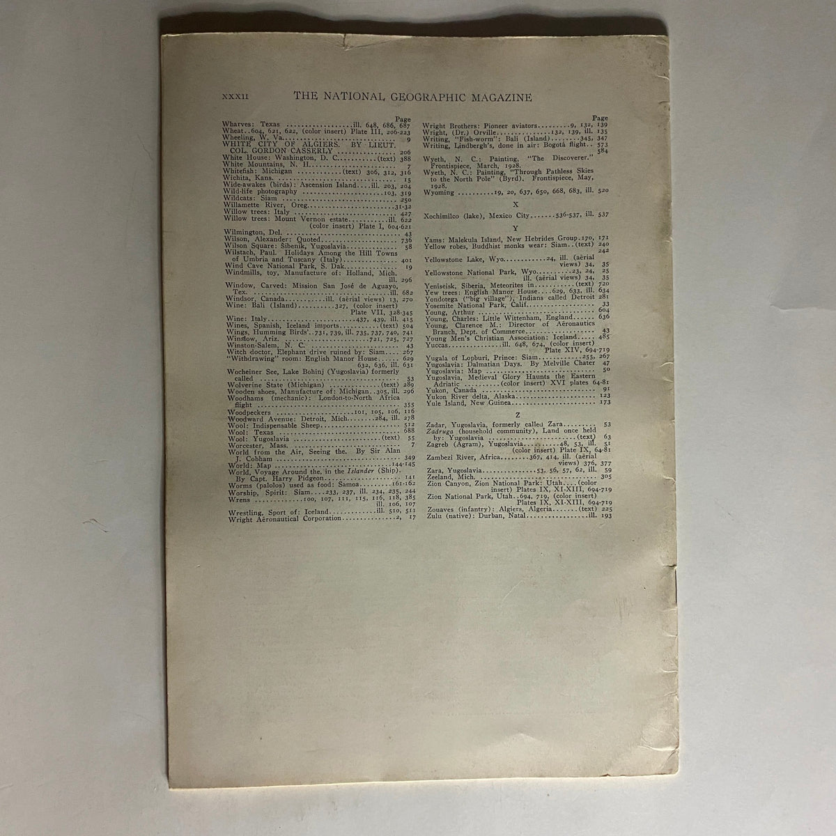 Back cover of the National Geographic Magazine January-June 1928 Volume LIII, featuring a list of content and publication details.