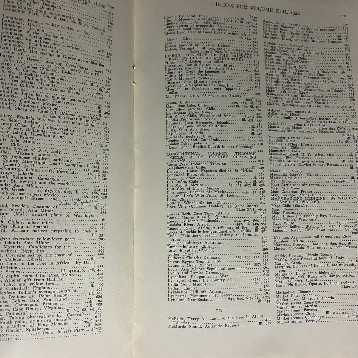 Index page for Volume XLII of National Geographic Magazine July-December 1922, detailing various articles and their page numbers.