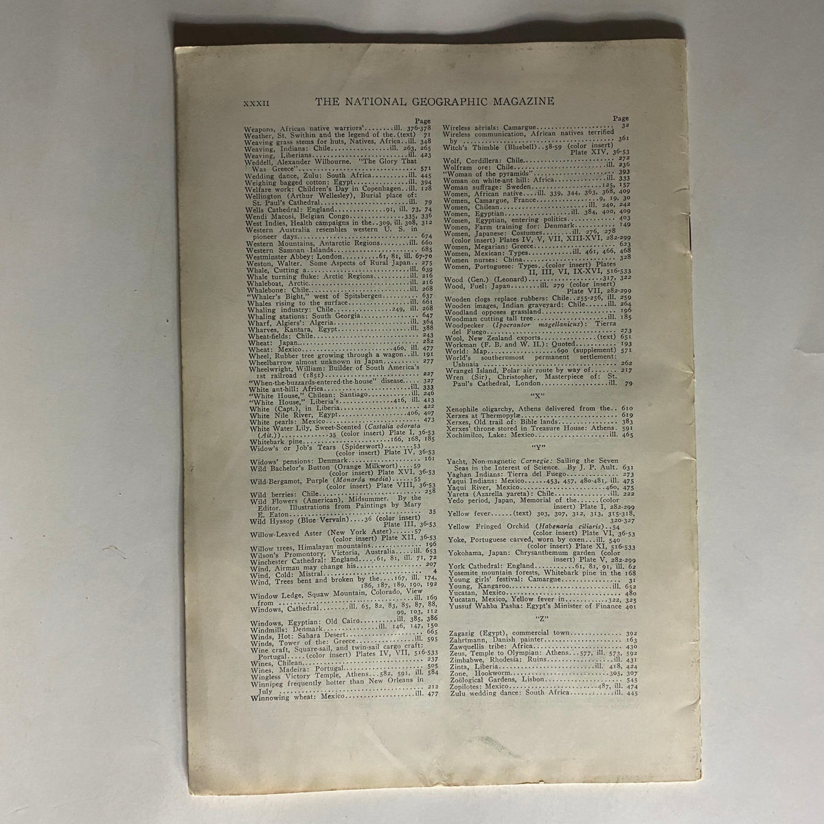 Index page of the National Geographic Magazine July-December 1922 Volume XLII, featuring contents and article titles indicative of early 20th-century exploration and scientific discovery.