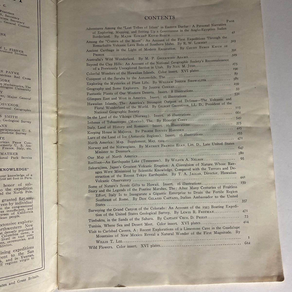 Table of contents page of National Geographic Magazine, January-June 1924, Volume XLV, listing featured articles and their page numbers.