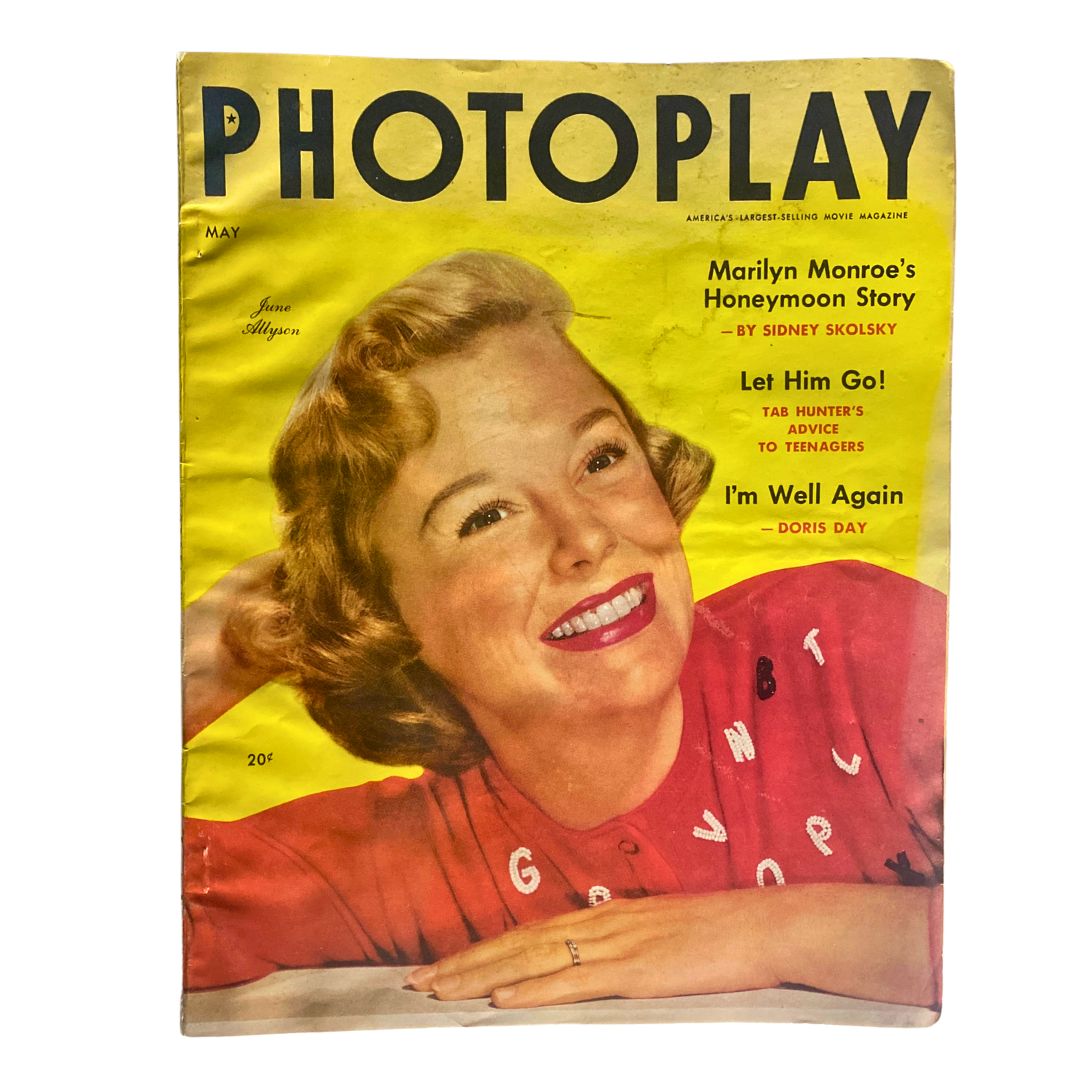 VTG Photoplay Magazine May 1954 Cover featuring actress June Allyson with a vibrant yellow background, showcasing classic Hollywood allure.