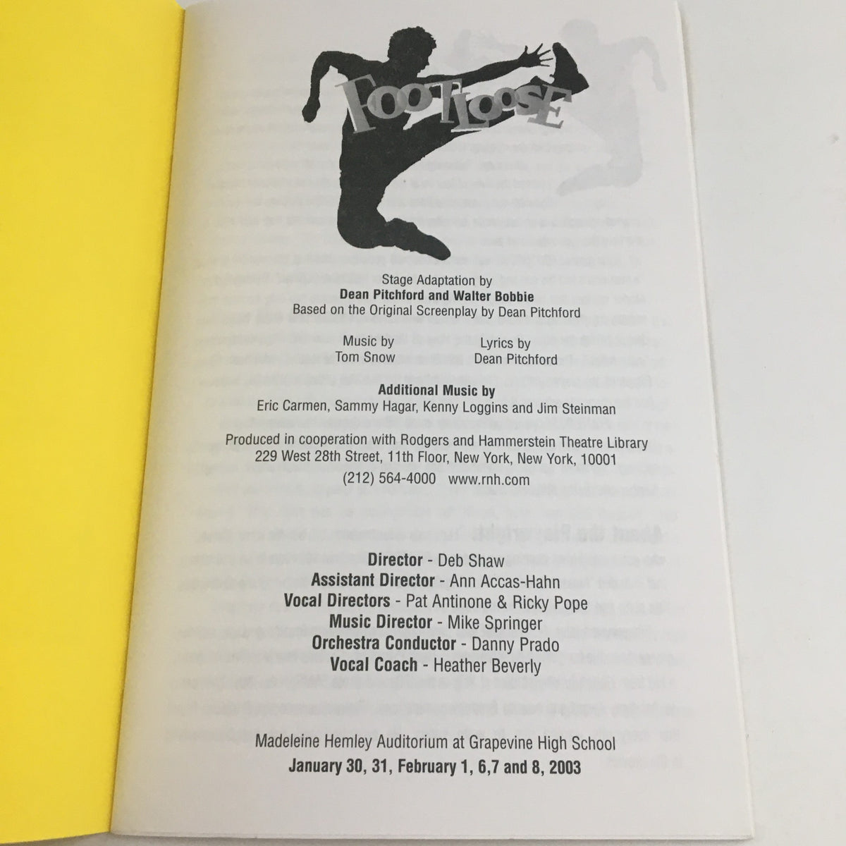 Inside page of the 2003 Grapevine High School Theatre program for Footloose by Dean Pitchford, listing the stage adaptation credits and production details, including director and cast information.