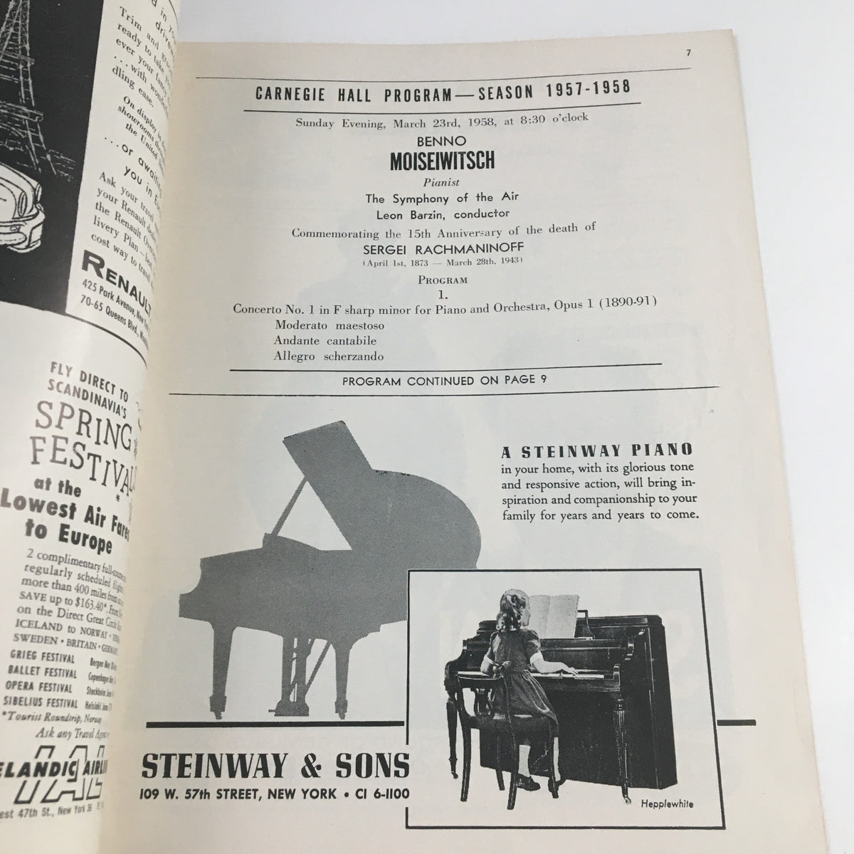 Page from the 1957 Carnegie Hall Program featuring pianist Benno Moiseiwitsch, detailing the concert schedule and program notes, highlighting the significance of the event in classical music history.