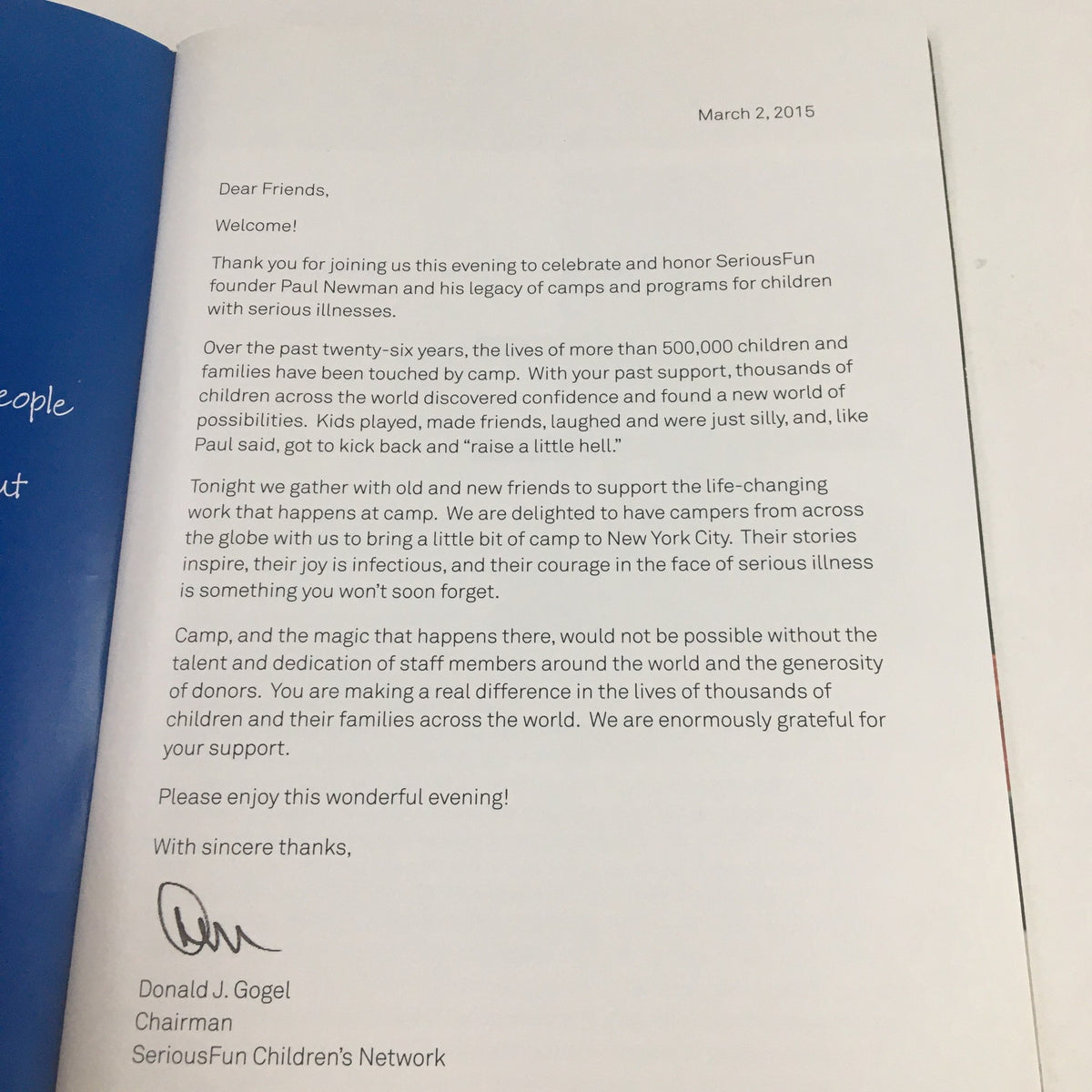 Letter from Donald J. Gogel, Chairman of SeriousFun Children's Network, thanking attendees of 'An Evening of Serious Fun Celebrating the Legacy of Paul Newman', dated March 2, 2015.