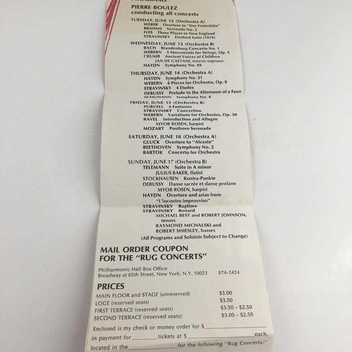 1973 The New York Philharmonic and Pierre Boulez Present The Rug Concerts schedule, featuring concert details including dates, compositions, and soloists, displayed on a folded paper format, showcasing the performances conducted by Pierre Boulez.