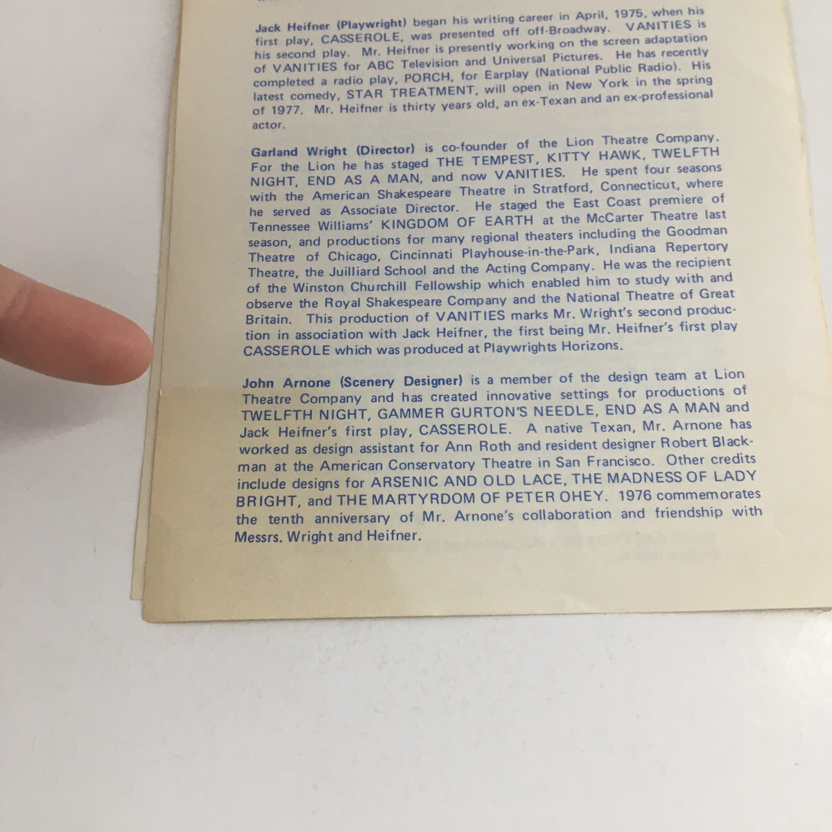 Page featuring production credits from 1976 The Chelsea Theater Present Vanities by G. Wright, highlighting the contributions of key individuals involved in the production.