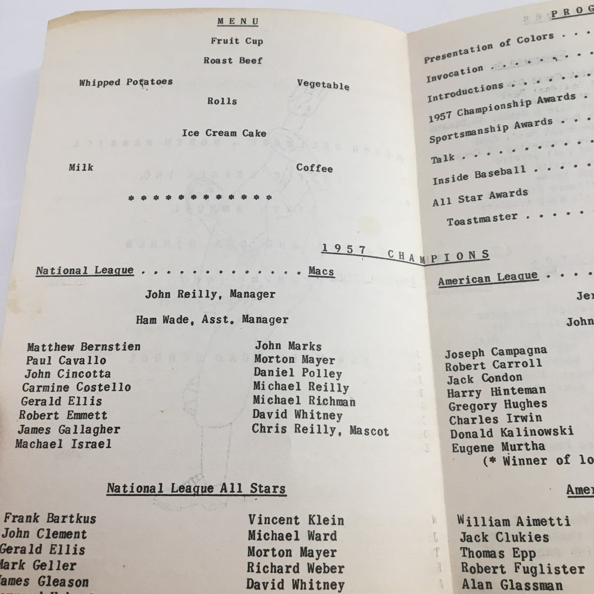 Inside the 1957 North Bellmore North Merrick Little League Inc. Present Father & Son Dinner program showing the menu and list of 1957 champions along with event details.