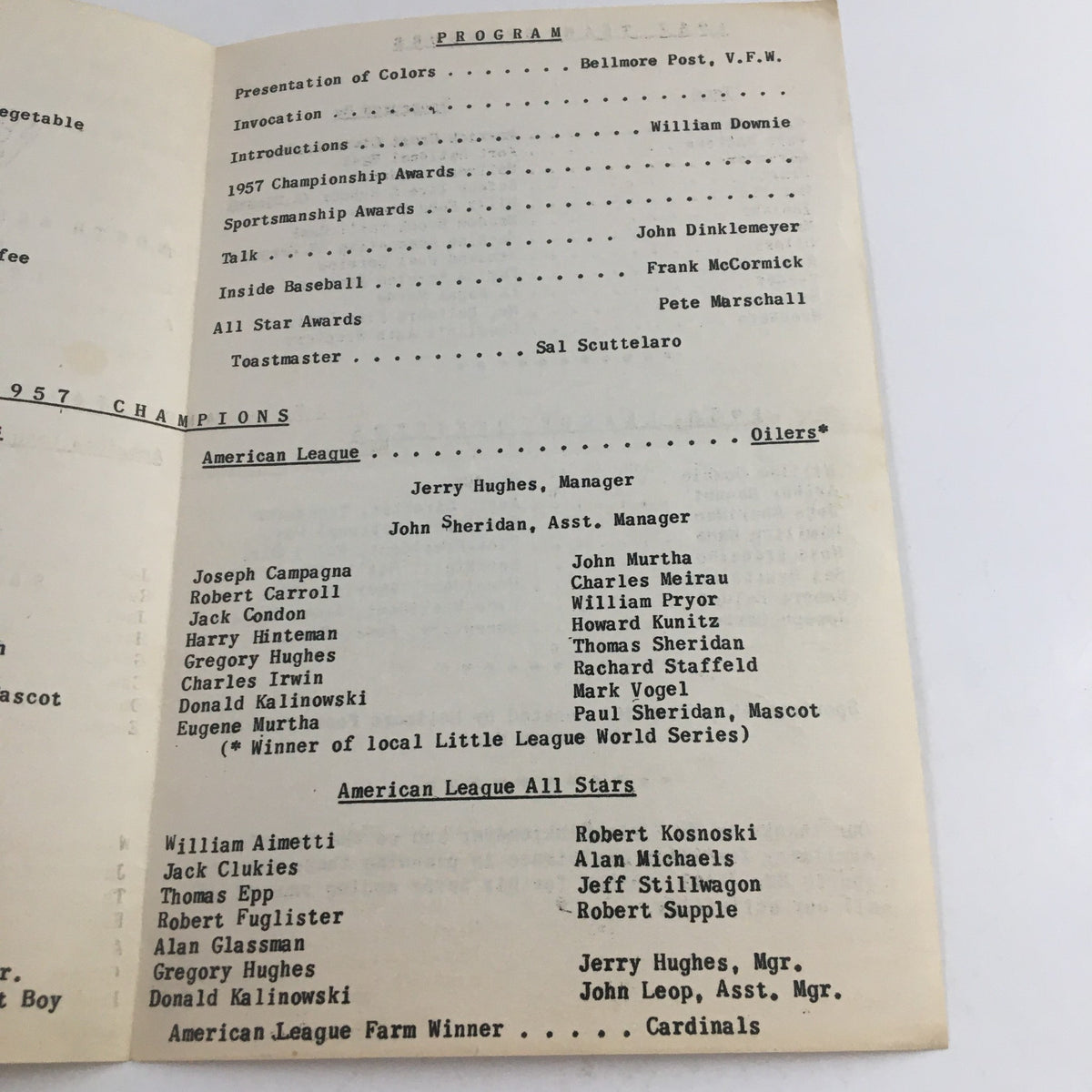 1957 North Bellmore North Merrick Little League Inc. Present Father & Son Dinner program featuring the program details, including teams, managers, and awards, showcasing a nostalgic piece of baseball history.