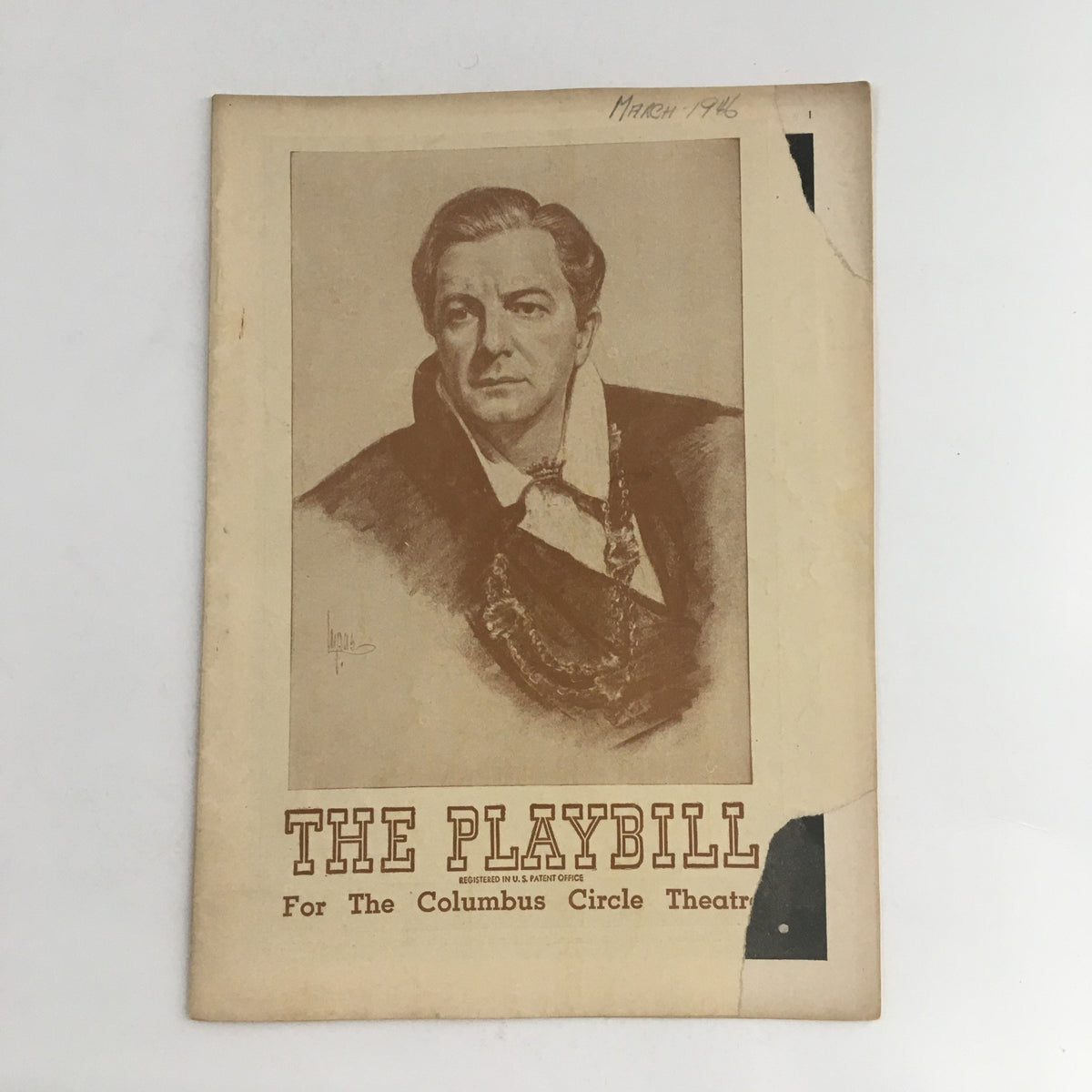 1946 Playbill for Columbus Circle Theatre featuring Maurice Evans' Hamlet, with a vintage illustration of the actor on the cover.