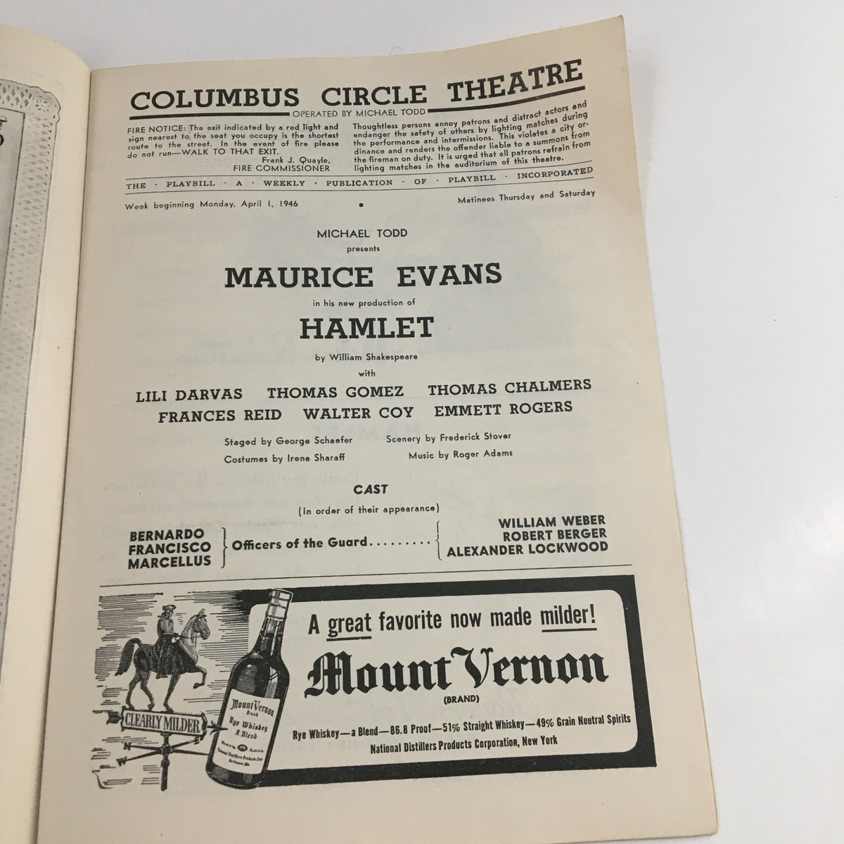 Inside page of the 1946 Columbus Circle Theatre Playbill, presenting the cast and details of Maurice Evans' Hamlet, produced by Michael Todd.