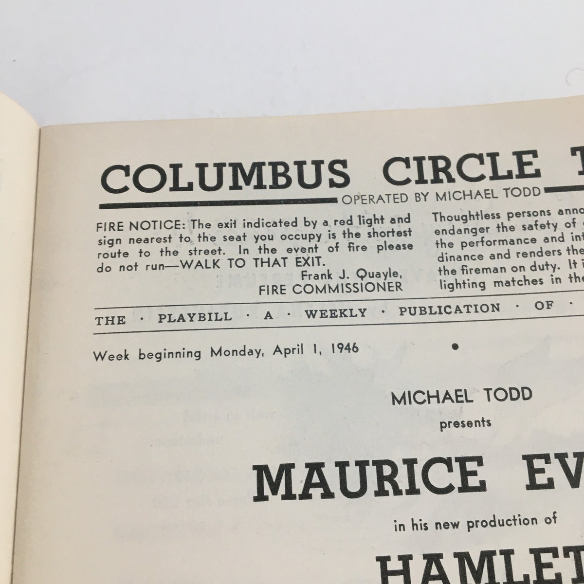 1946 Playbill from Columbus Circle Theatre featuring Maurice Evans' Hamlet, produced by Michael Todd, with text detailing fire notice and publication details.