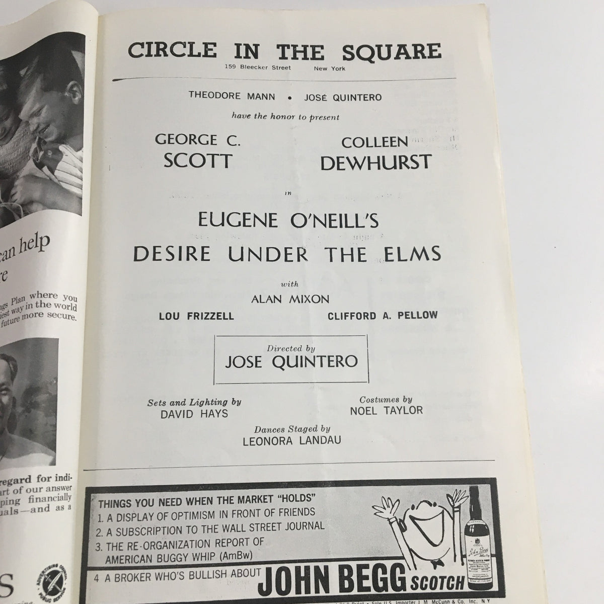Interior page of the 1958 Showbill for Eugene O'Neill's Desire Under The Elms, listing cast members including George C. Scott and Colleen Dewhurst, with production details.