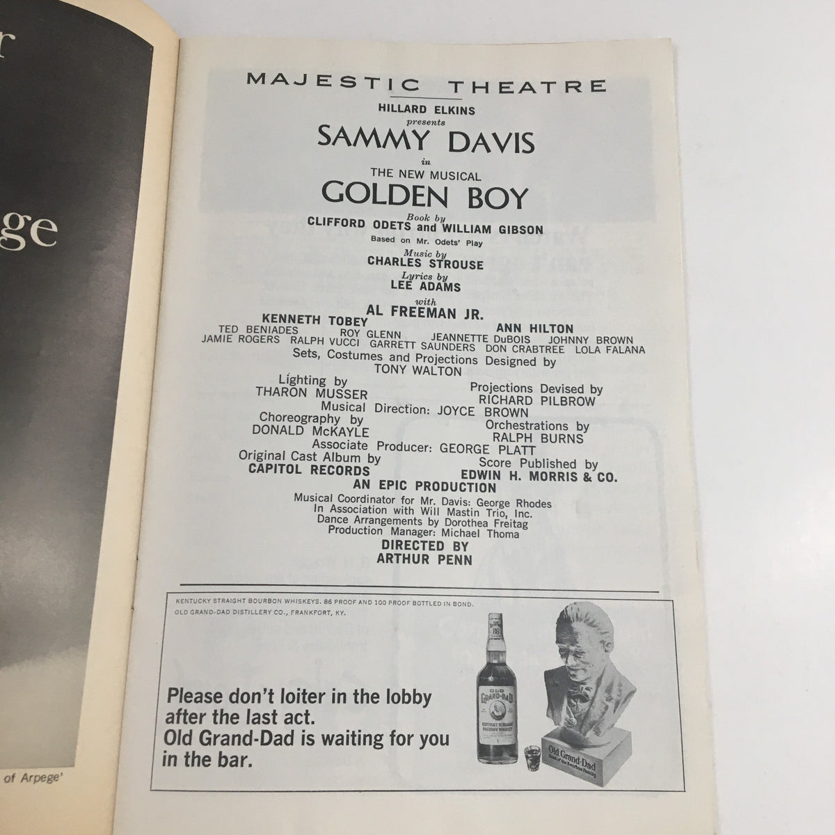 Main cast page from the 1965 Playbill for Sammy Davis in Golden Boy at the Majestic Theatre, listing key performers and production details.