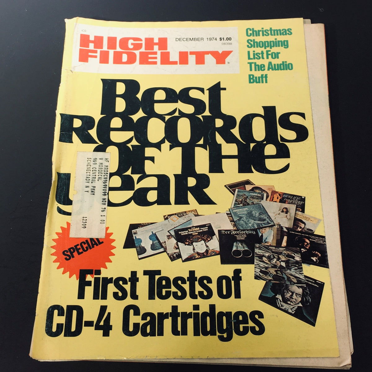 Cover of VTG High Fidelity Magazine December 1974 featuring Best Records of the Year and First Tests of CD-4 Cartridges. Highlights audio technology advancements with vibrant visuals.