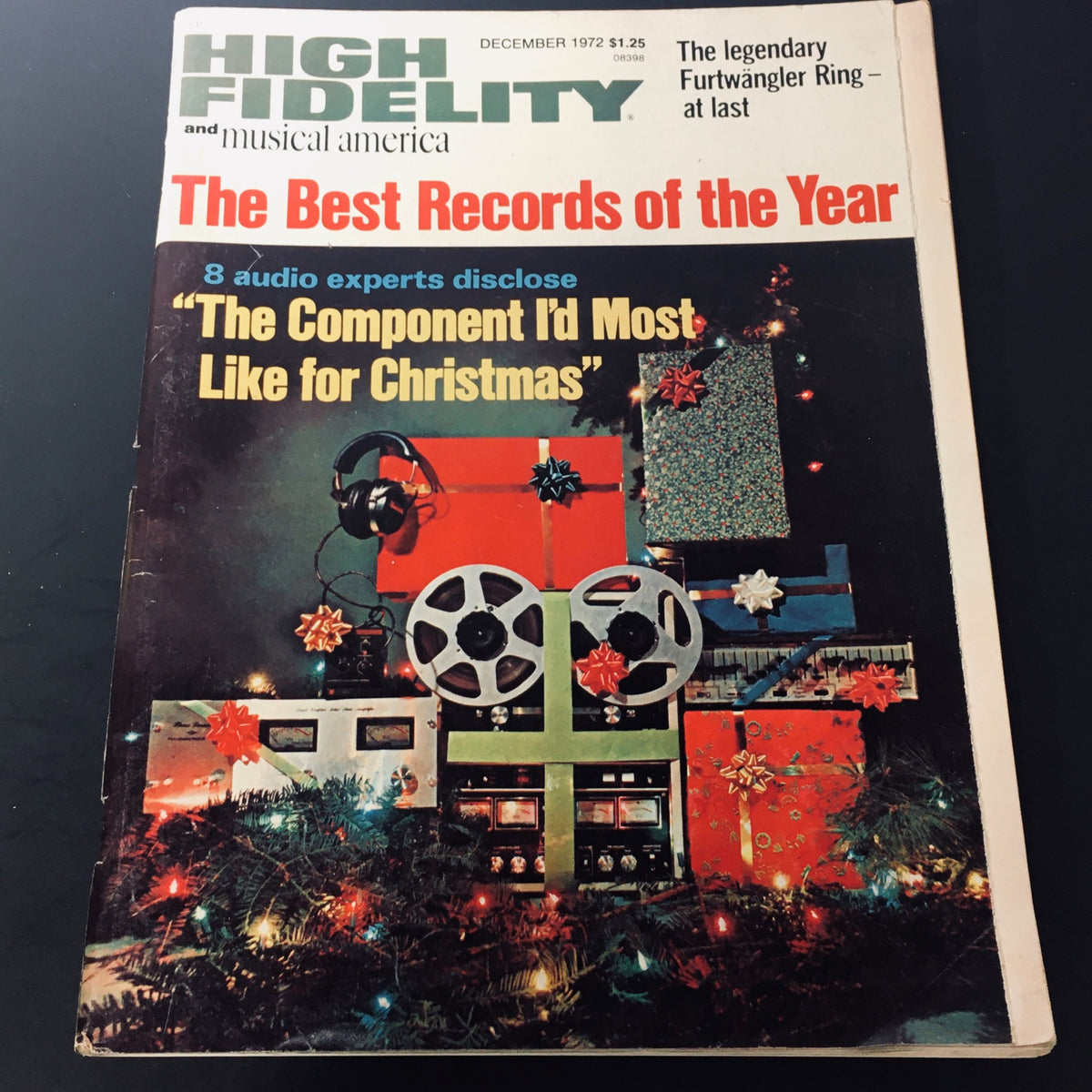 Cover of the December 1972 issue of High Fidelity Magazine, featuring the title 'VTG High Fidelity Magazine December 1972 - Legendary Wilhelm Furtwängler Ring' with decorative elements including Christmas presents, audio equipment, and festive decorations.