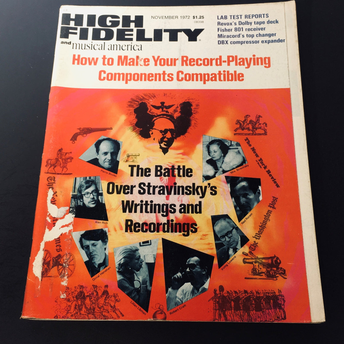 Cover of the November 1972 issue of High Fidelity & Musical America, featuring the title 'The Battle Over Stravinsky's Writings and Recordings' and a vibrant design with notable figures in the music industry.