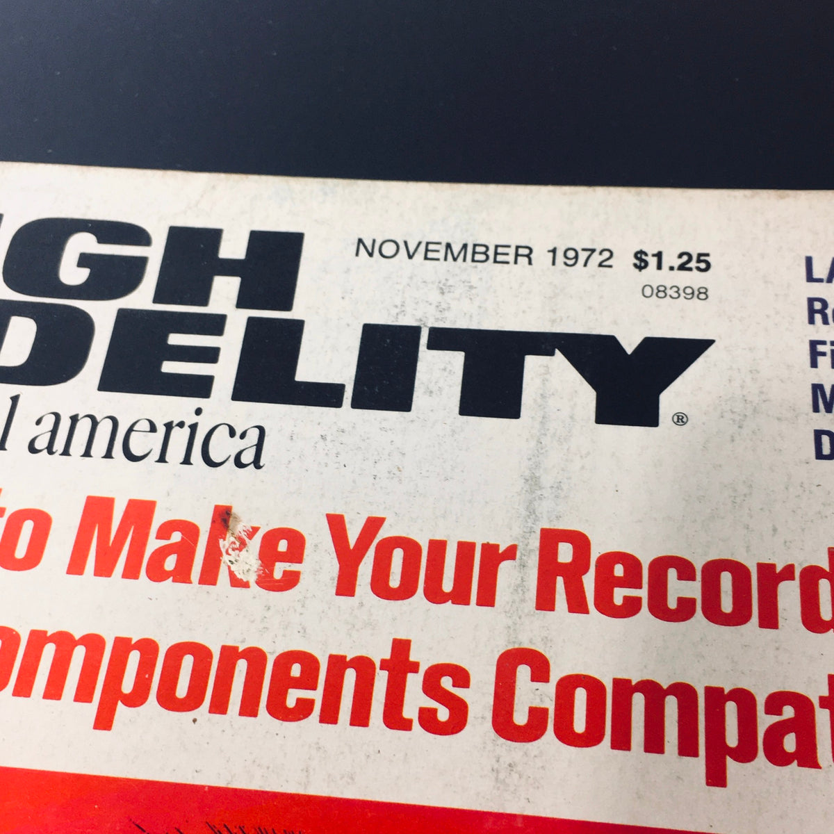 Close-up of the November 1972 issue of High Fidelity & Musical America, showing the magazine title and the headline 'How to Make Your Record-Playing Components Compatible' with minor wear on the cover.