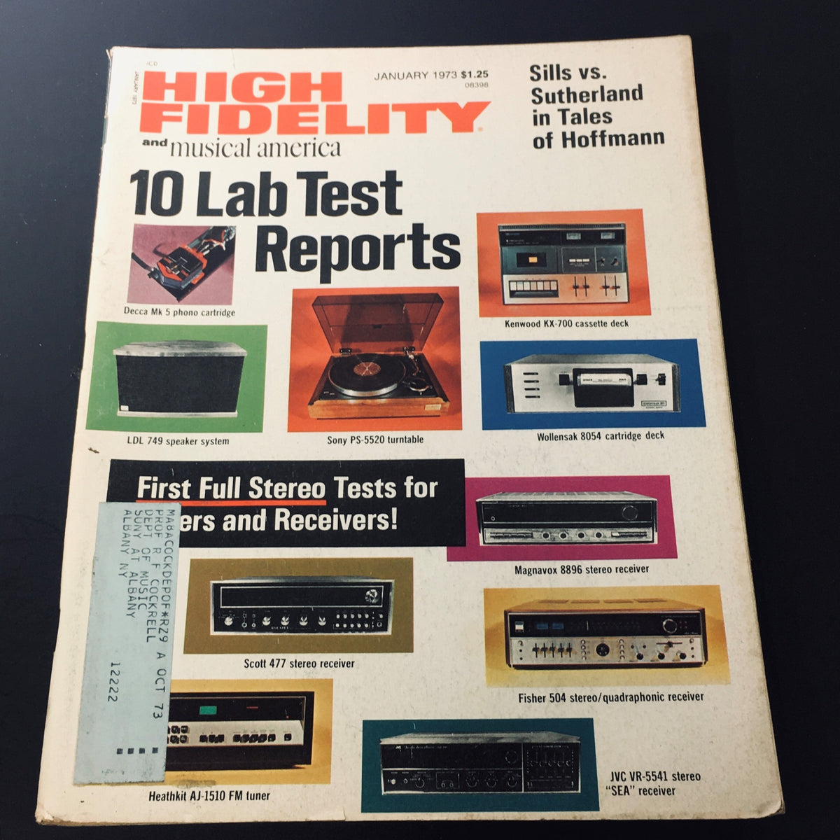 Cover of High Fidelity Magazine January 1973 featuring Sills vs Sutherland in Tales of Hoffman, showcasing various audio equipment and features including 10 lab test reports.