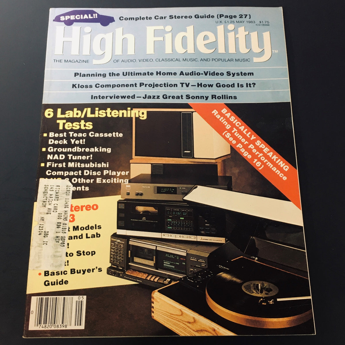 Cover of VTG High Fidelity Magazine May 1983 featuring an interview with Jazz great Sonny Rollins. The magazine highlights audio equipment tests, including cassette decks and compact disc players, alongside promotional graphics and vintage design elements.