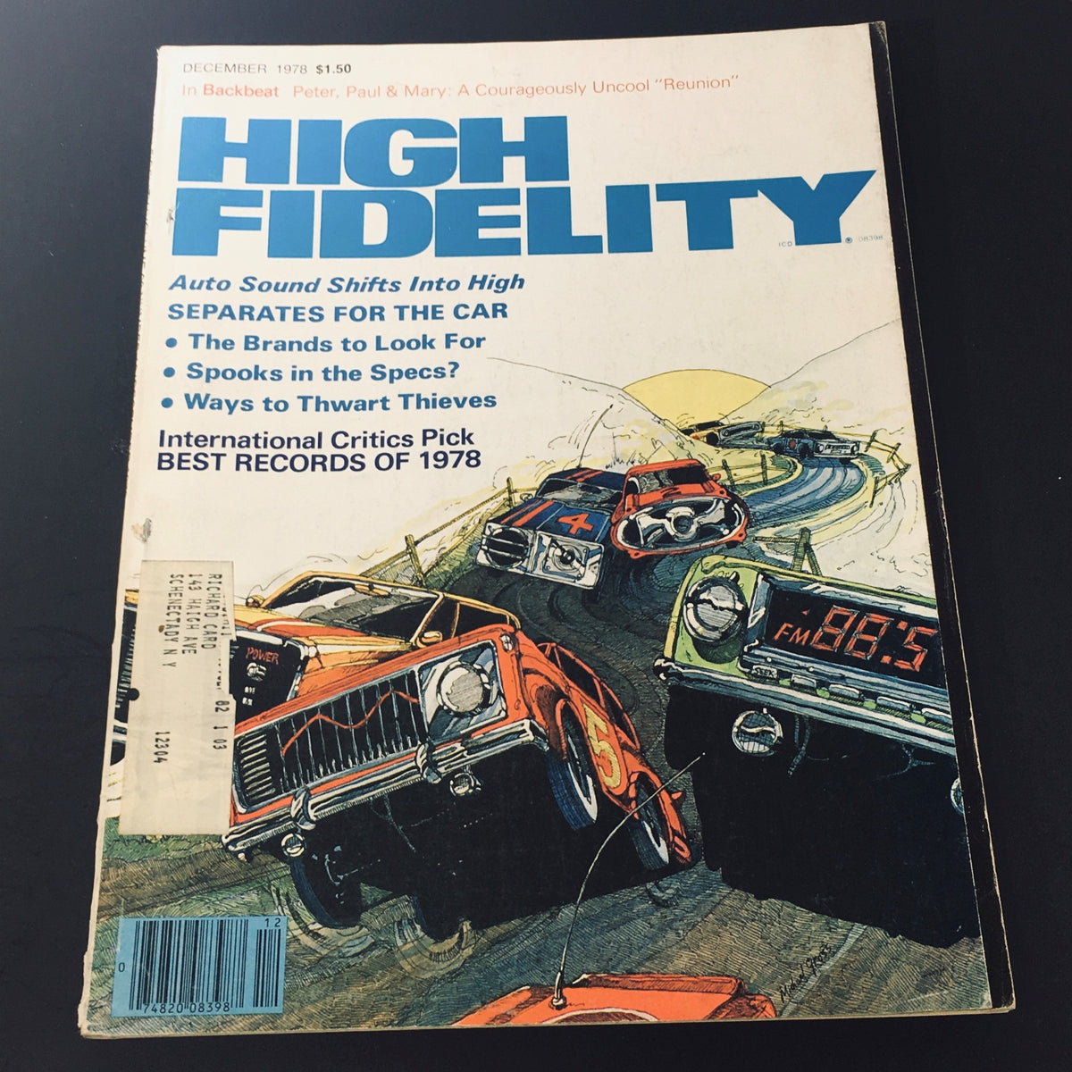 Cover of VTG High Fidelity Magazine from December 1978, featuring dynamic illustrations of classic cars and titled 'HIGH FIDELITY' with headlines about auto sound and music recommendations, noted as an International Critics Pick of 1978.