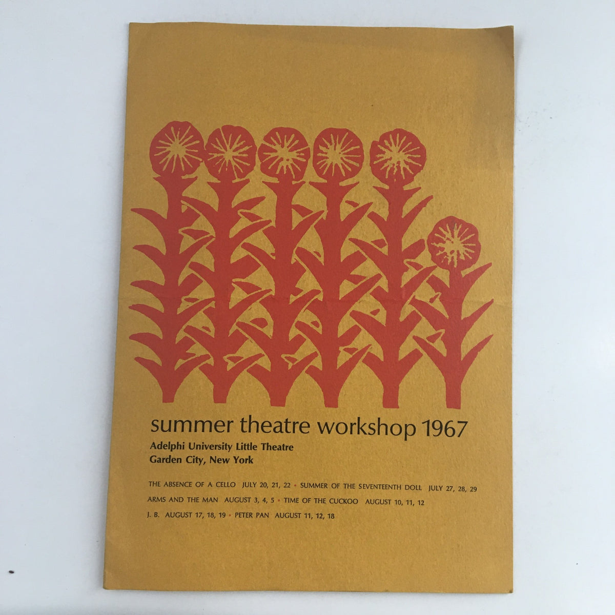 1967 Summer Theatre Workshop program cover featuring floral designs, presenting "The Absence of a Cello" by Ira Wallach, at Adelphi University Little Theatre, New York.