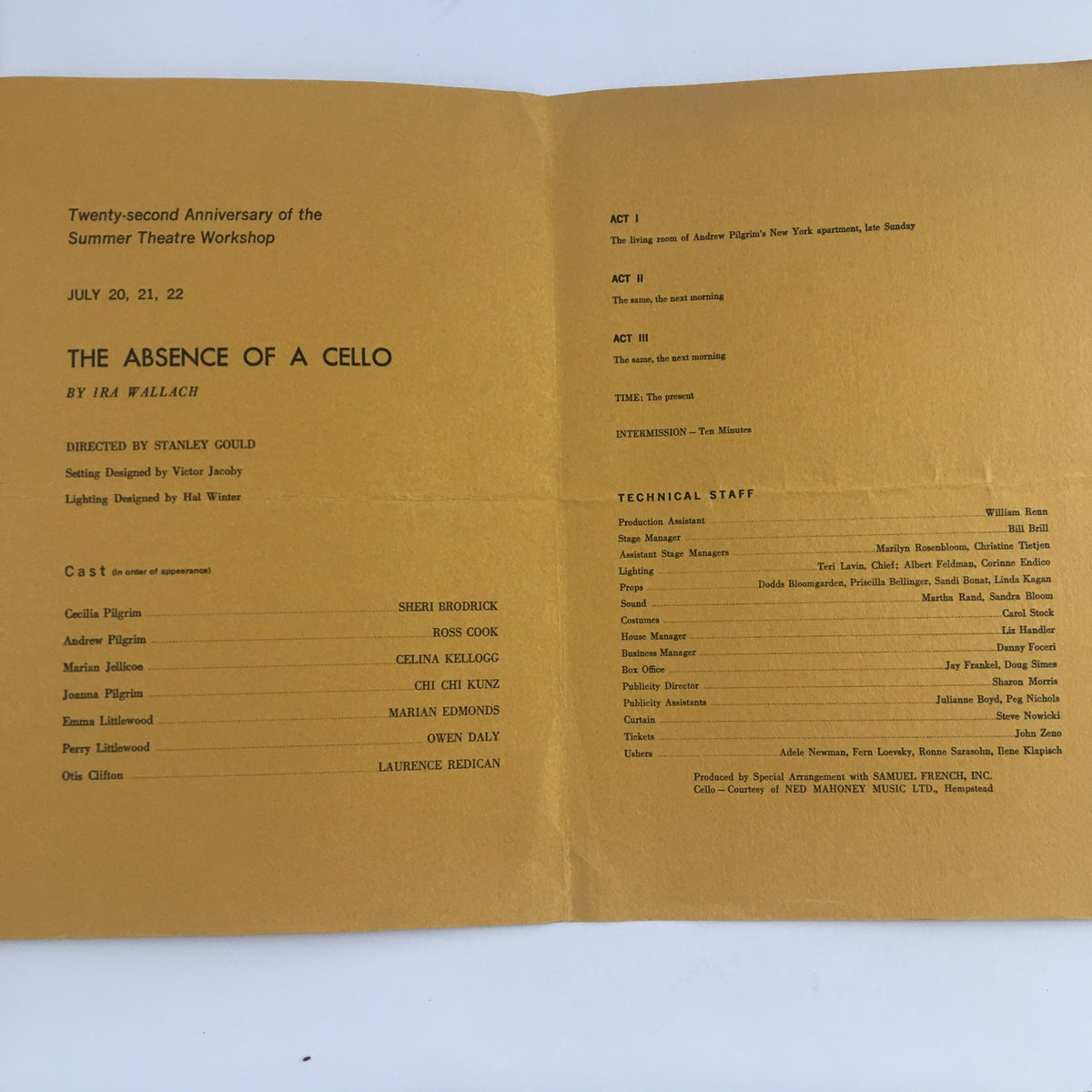 Inside view of the 1967 Summer Theatre Workshop program for "The Absence of a Cello" by Ira Wallach, detailing cast and technical staff information, with dates listed.