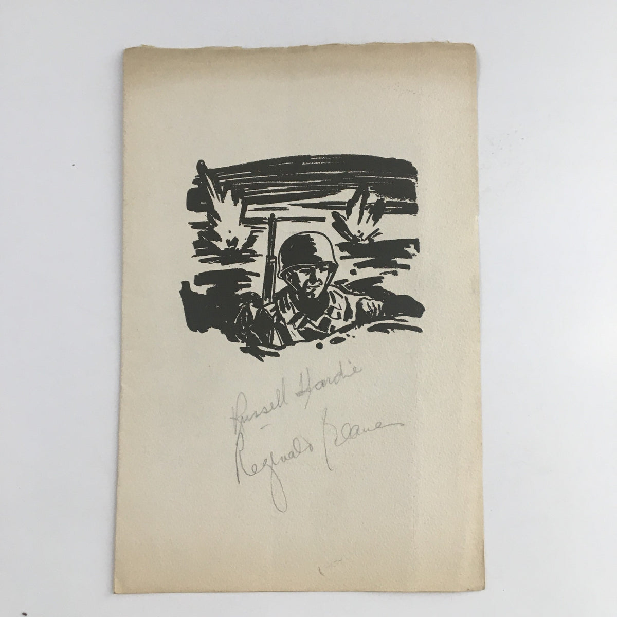 Illustration from the 1945 Booth Theatre presentation of 'Foxhole in the Parlor' by Elsa Shelley, featuring a soldier in a trench, showcasing elements of mid-20th century theatre history.