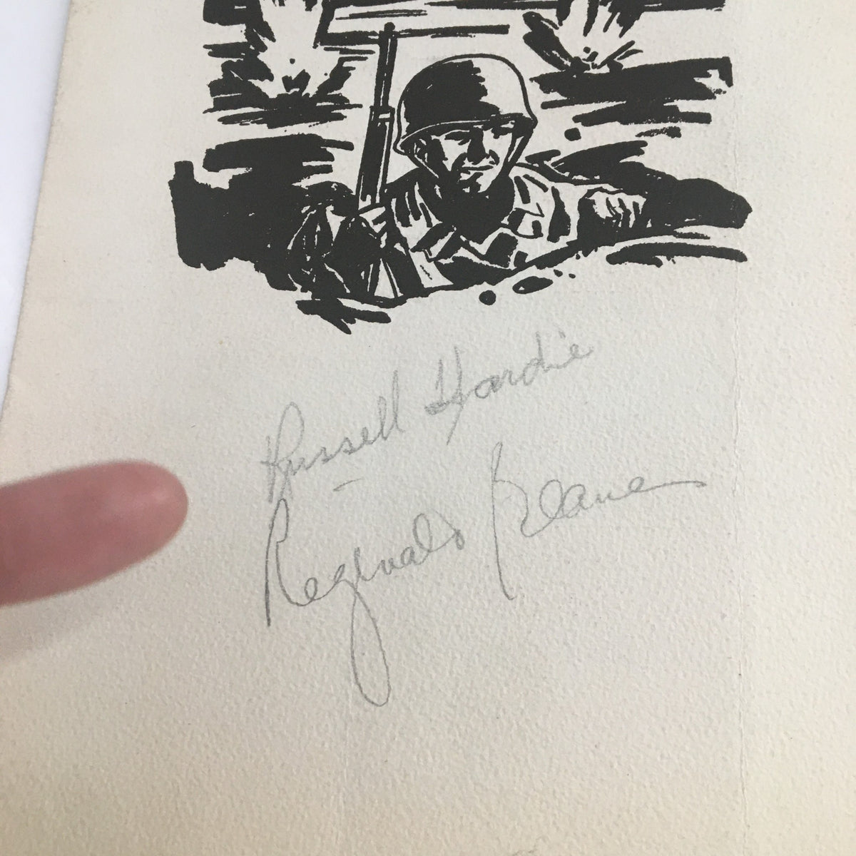Signature of Russell Hardie and Reginald Blane on the 1945 Booth Theatre Premier Present Foxhole in the Parlor by Elsa Shelley script.