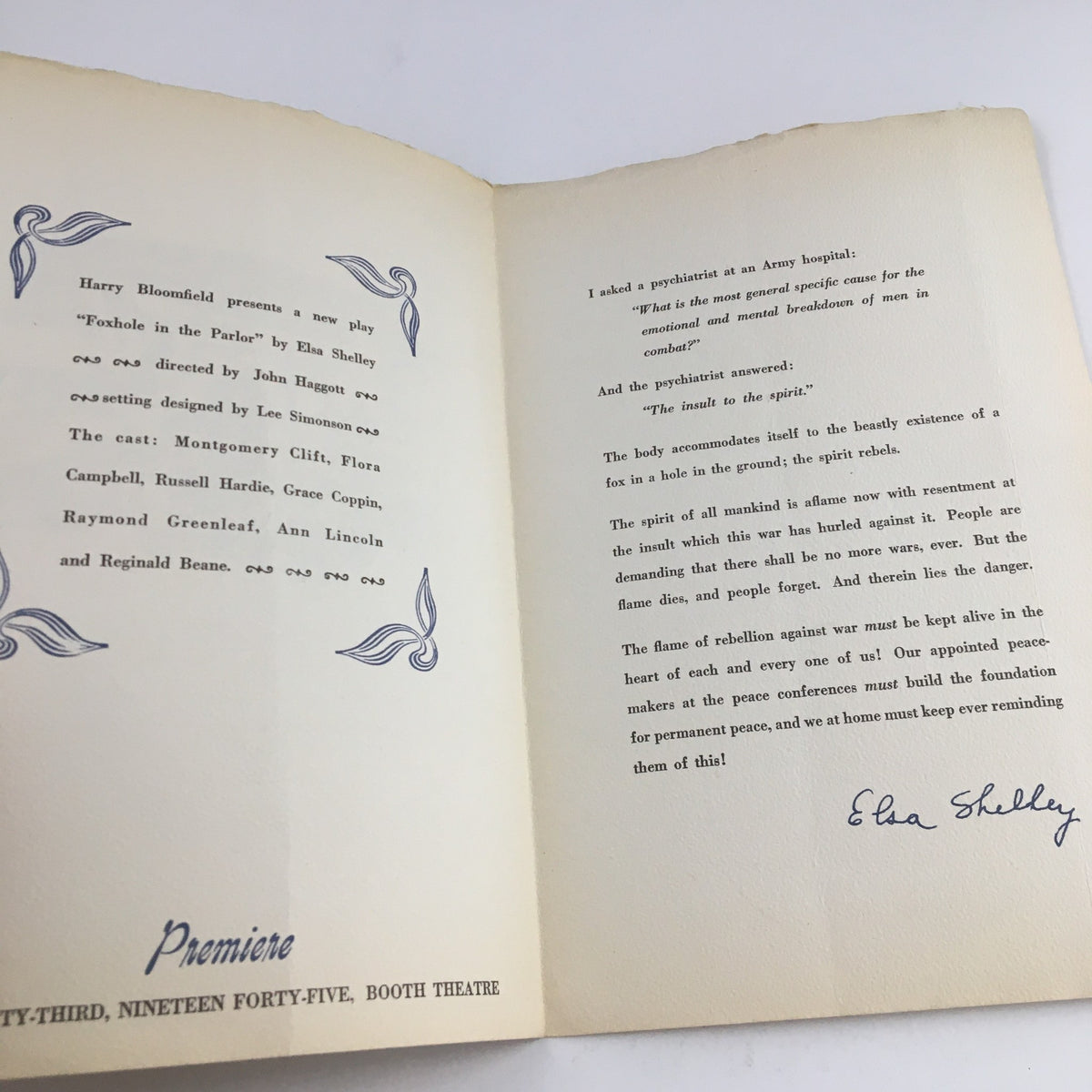 Interior view of the 1945 Booth Theatre Premier Present Foxhole in the Parlor by Elsa Shelley, featuring a personal note and signature by Elsa Shelley.