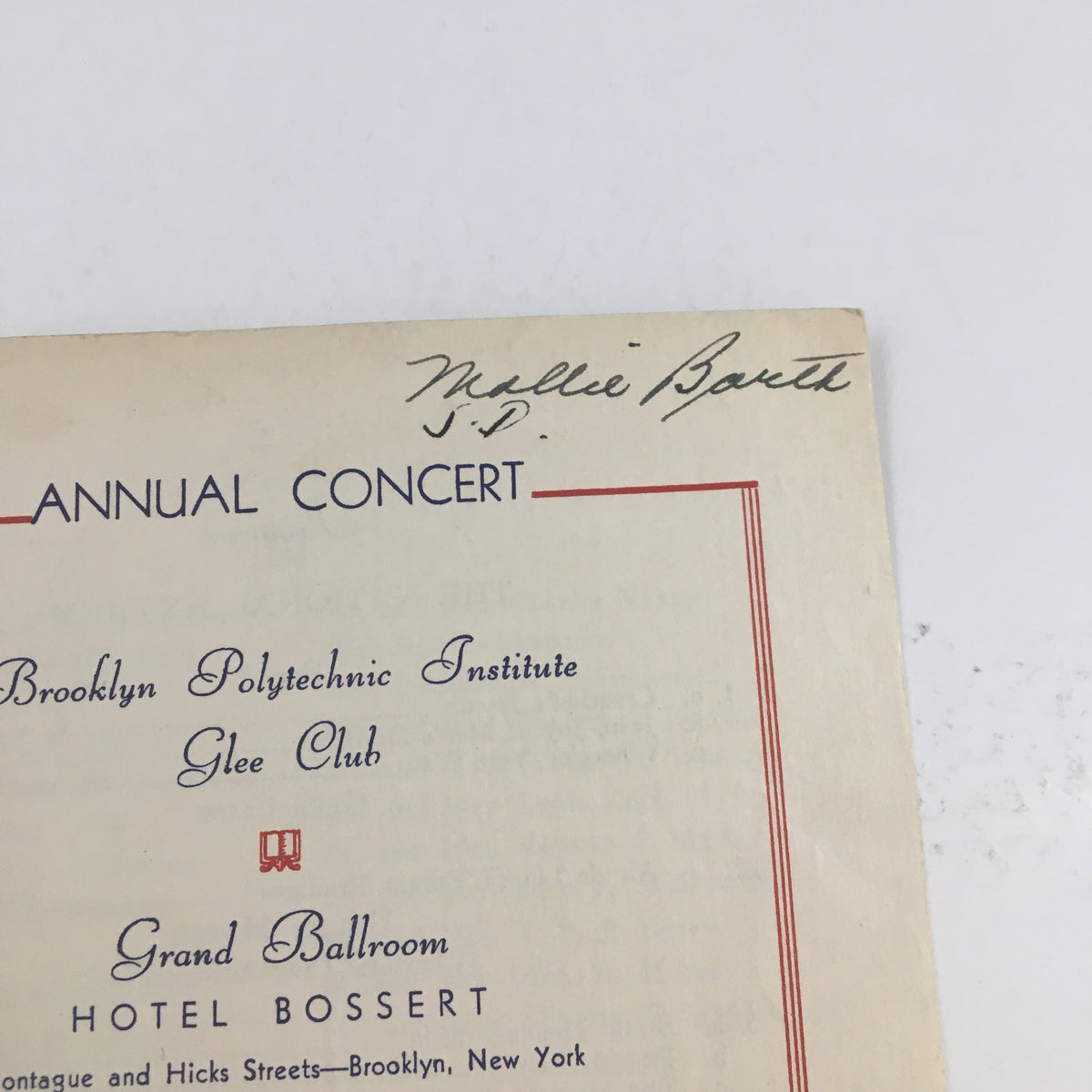 1942 Annual Concert Brooklyn Polytechnic Institute Glee Club program cover showing the name 'Mollie Bouth' handwritten on the corner.