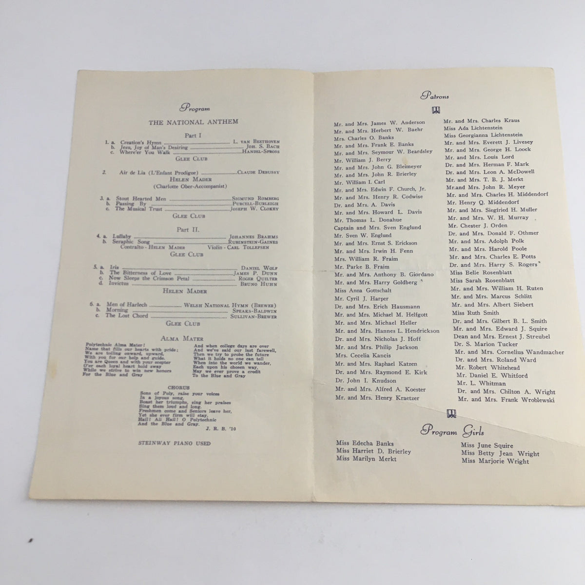 1942 Annual Concert Brooklyn Polytechnic Institute Glee Club program detailing the performances, including The National Anthem and other program pieces.