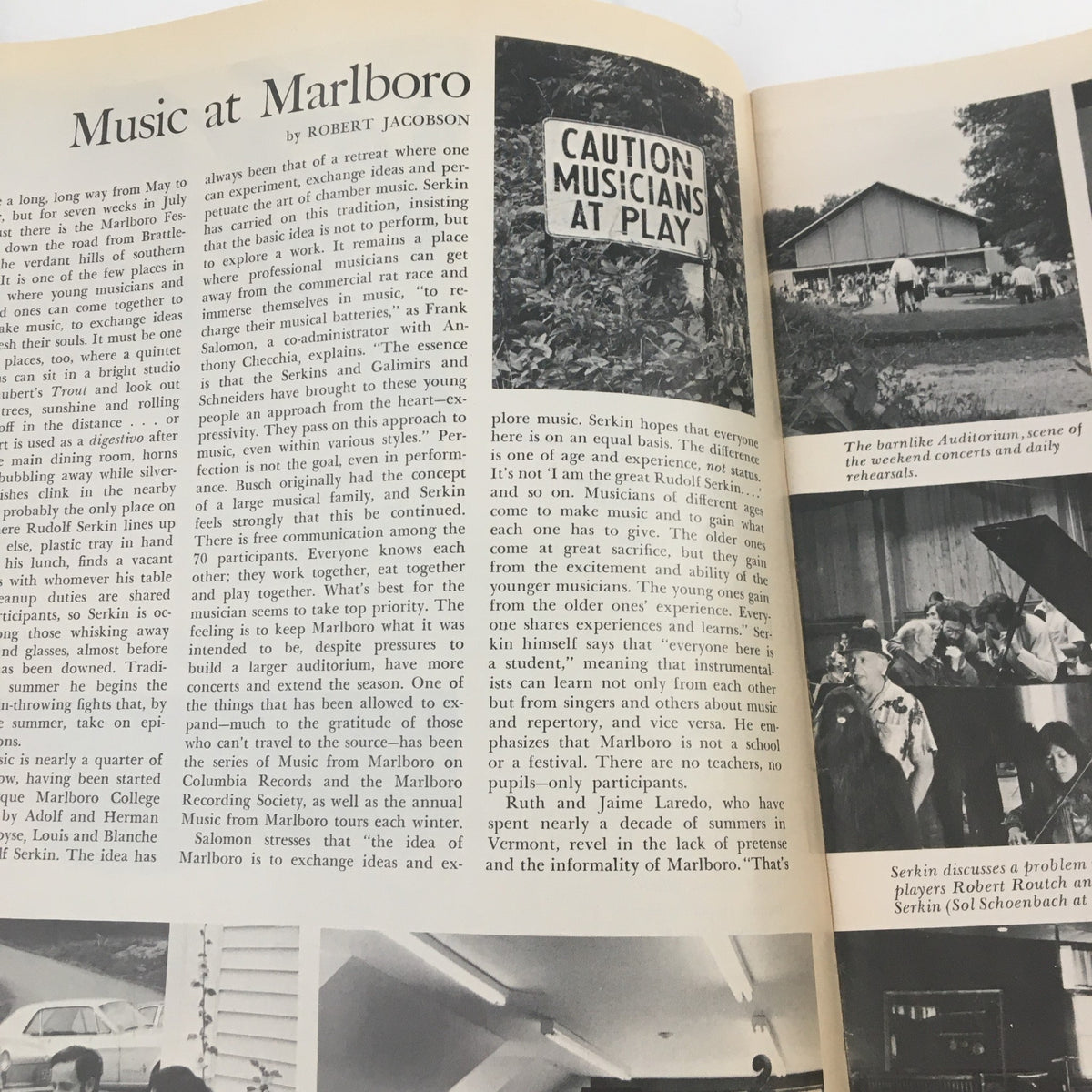 Inside page of 1972 International Festival Carnegie Music at Marlboro by Robert Jacobson with text about music at Marlboro and a caution sign stating 'Caution Musicians at Play', highlighting the festival's retreat atmosphere.