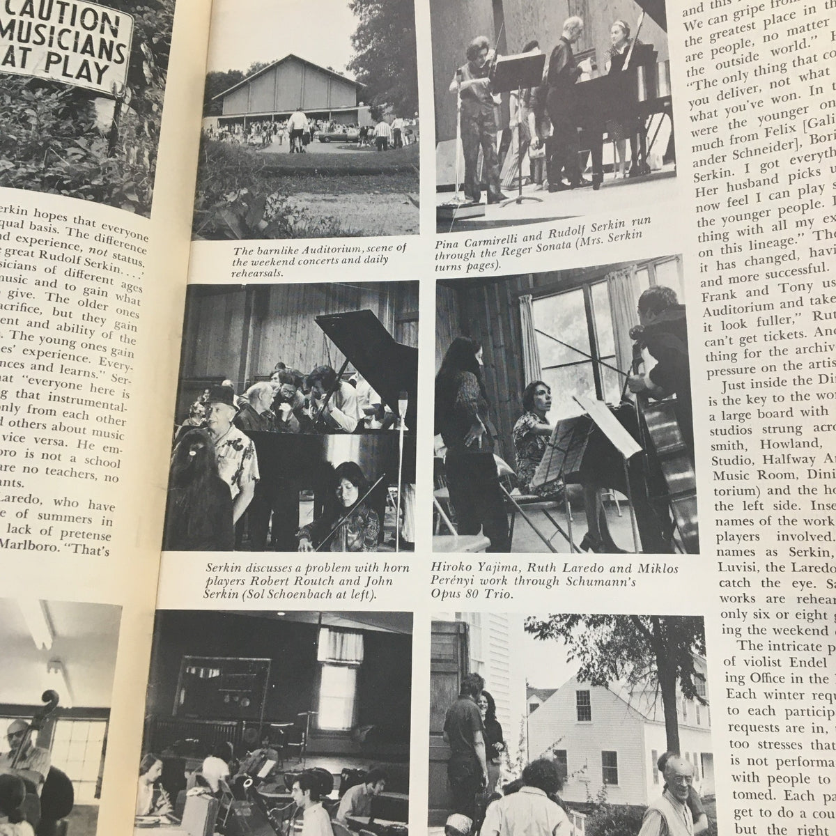 Black and white images from 1972 International Festival Carnegie Music at Marlboro by Robert Jacobson showcasing musicians and performances, including Serkin directing and discussing with participants.