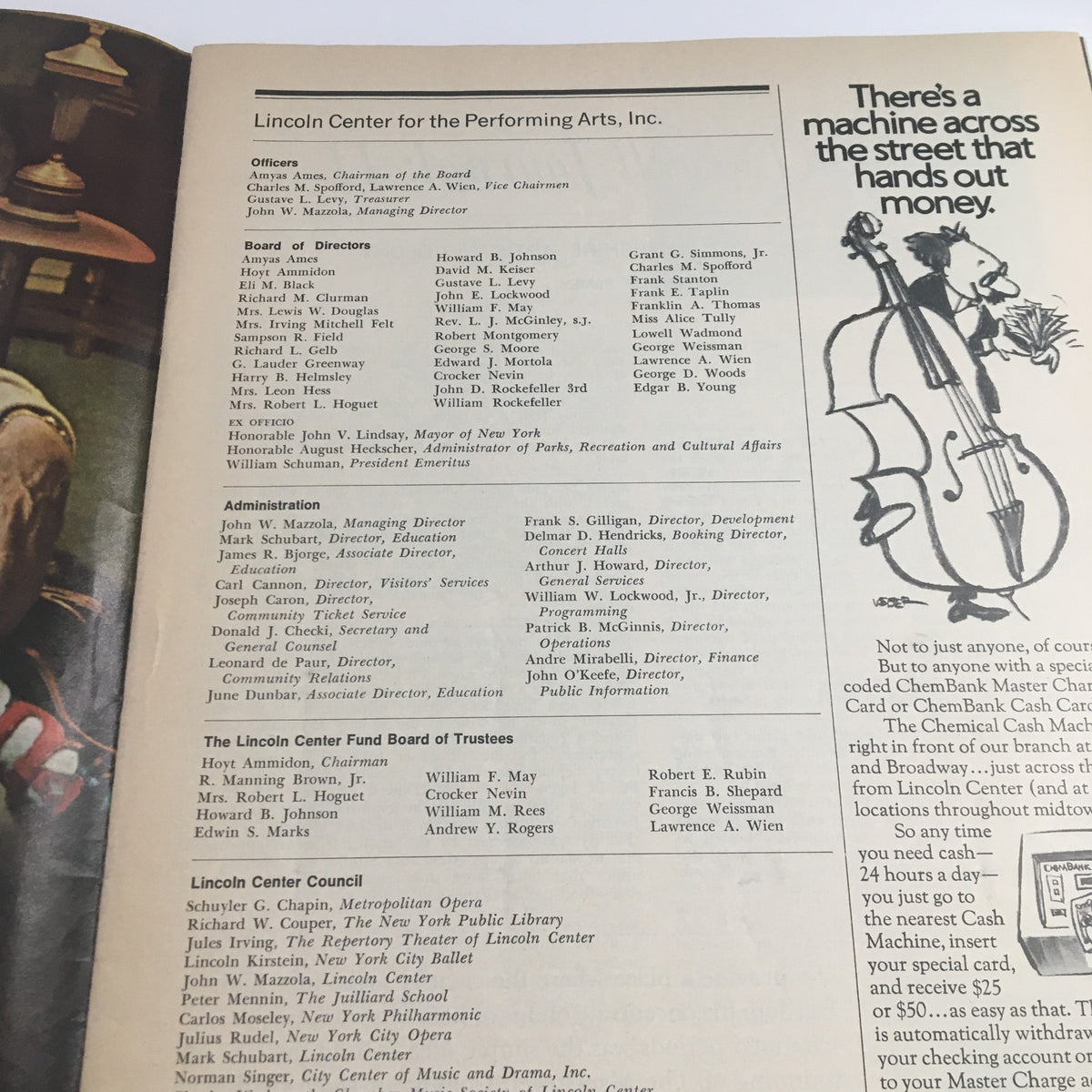 Program details from the Lincoln Center for the Performing Arts including the Board of Directors, featured in the 1972 Lincoln Center Alice Tully Hall Present Pianist Ruth Laredo & Kinderscenen.
