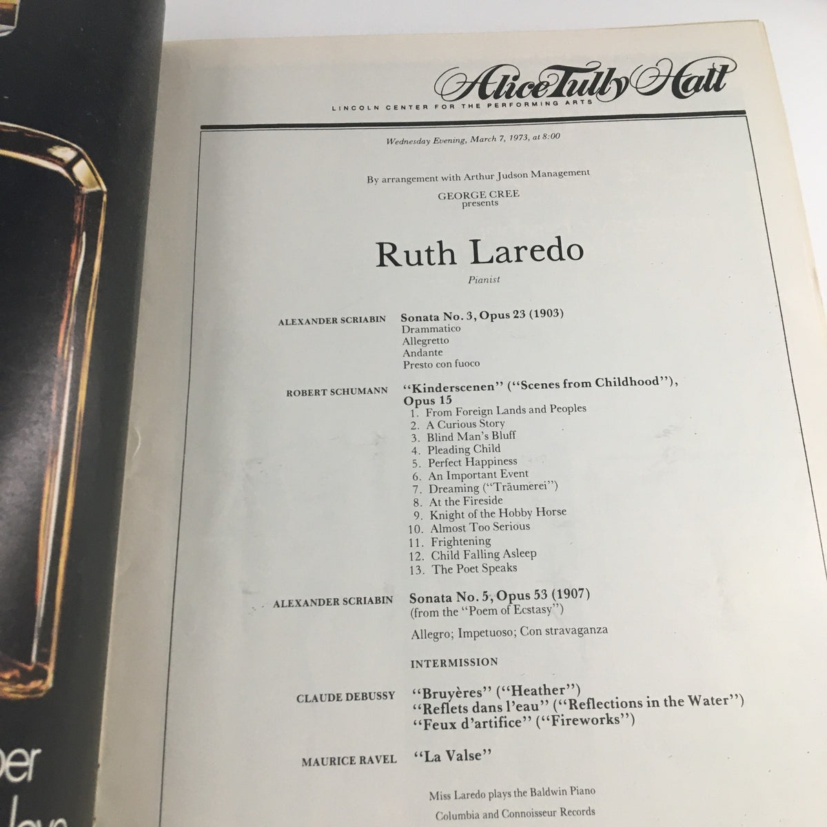 Performance program page for pianist Ruth Laredo at Alice Tully Hall, featuring musical selections from the 1972 Lincoln Center Alice Tully Hall Present Pianist Ruth Laredo & Kinderscenen.