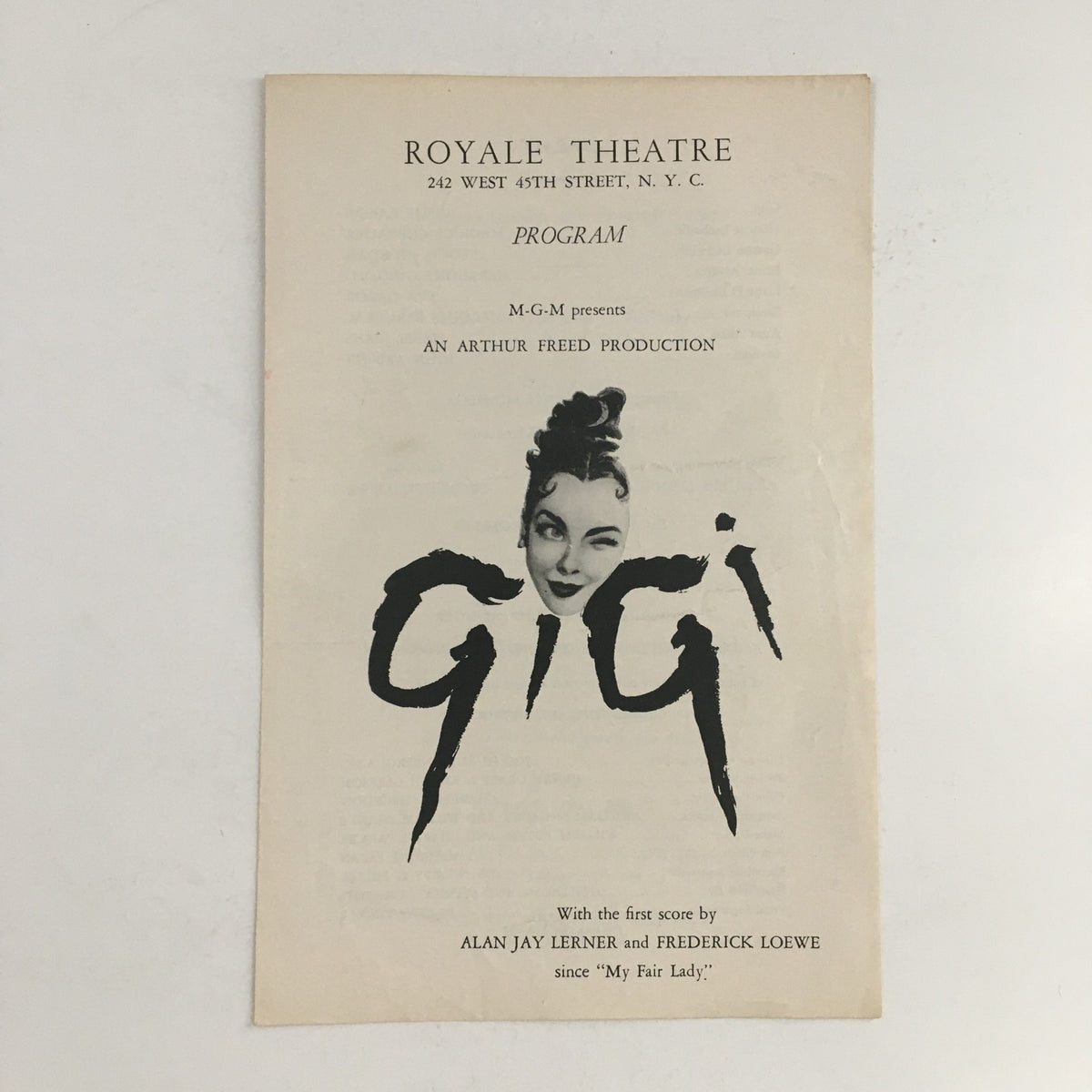 Front cover of the 1958 Royale Theatre Program for the Arthur Freed production 'Gigi' featuring iconic logo and design.