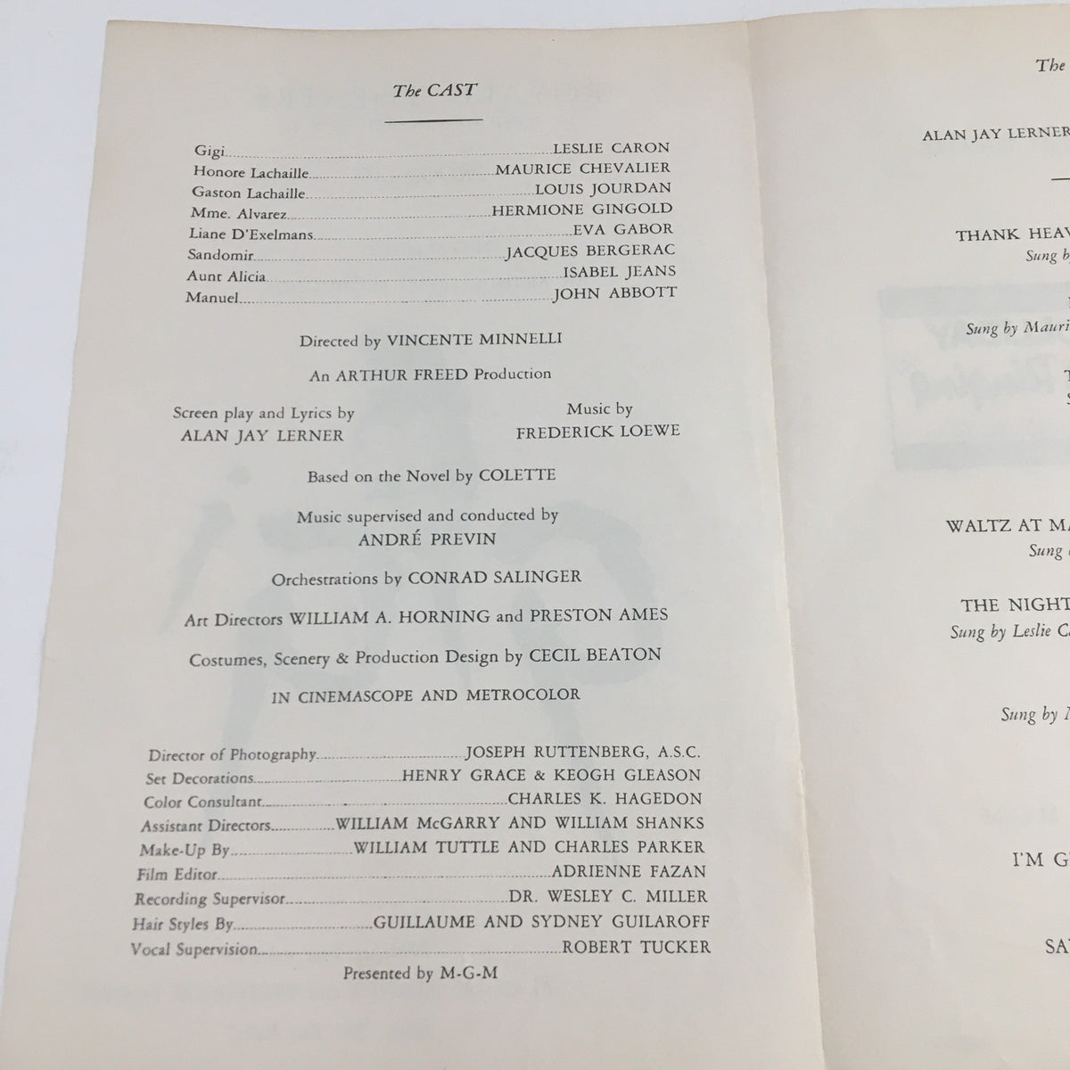 Inside page of the 1958 Royale Theatre Program detailing the cast and production staff for the Arthur Freed musical 'Gigi'.