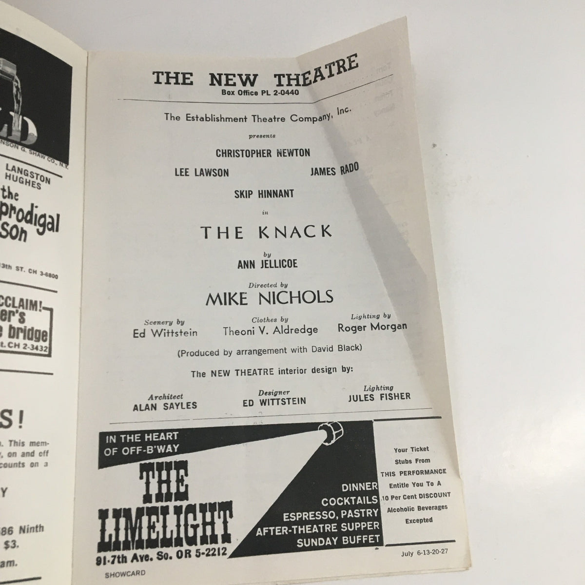 Inside view of the 1965 Showcard for The Knack, featuring cast and crew details including Skip Hannant and Ann Jellicoe.