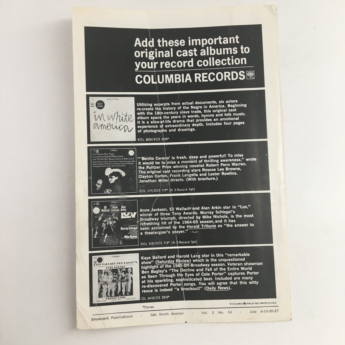 Back cover of the 1965 Showcard for The Knack, showcasing promotional details for original cast albums by Columbia Records.